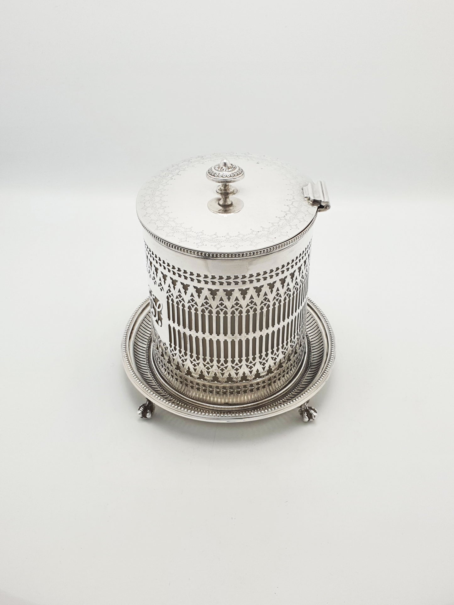 Antique Silver Plated Pierced Biscuit Barrel w Glass Liner – circa 1905