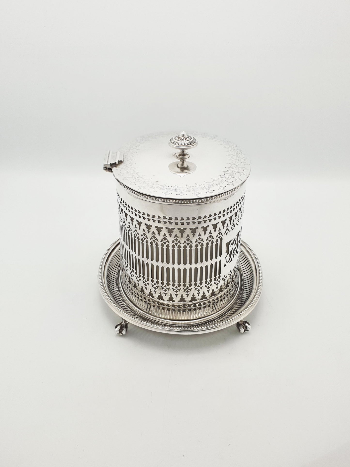 Antique Silver Plated Pierced Biscuit Barrel w Glass Liner – circa 1905