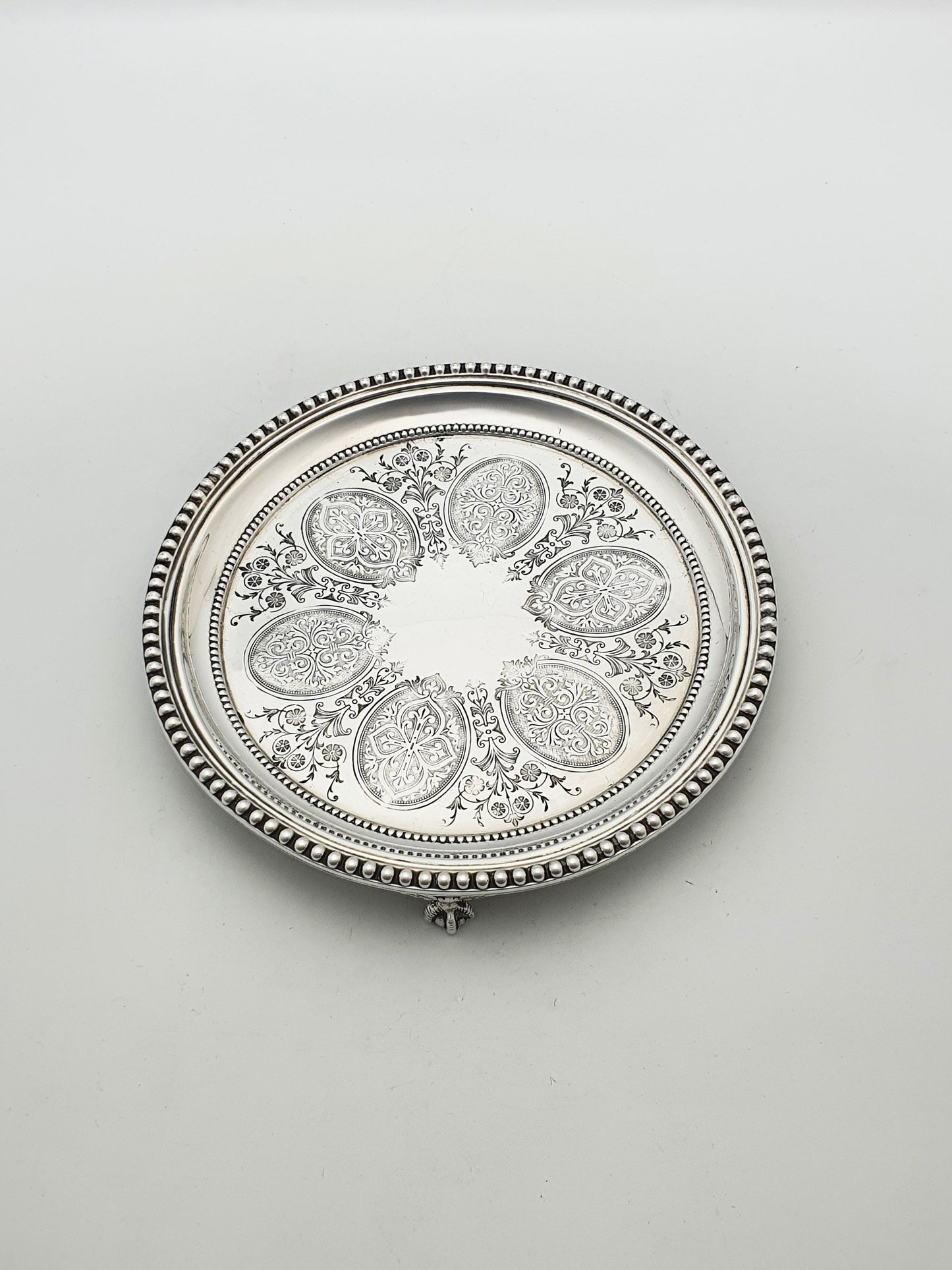 Antique Victorian Round Serving Tray/Salver with Engraved Medallions – circa 1890