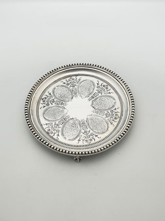Antique Victorian Round Serving Tray/Salver with Engraved Medallions – circa 1890