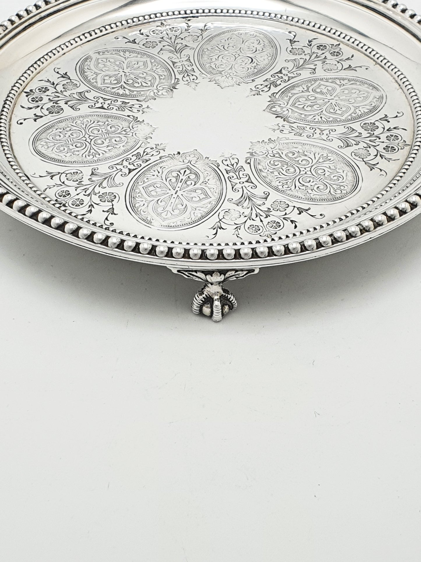 Antique Victorian Round Serving Tray/Salver with Engraved Medallions – circa 1890