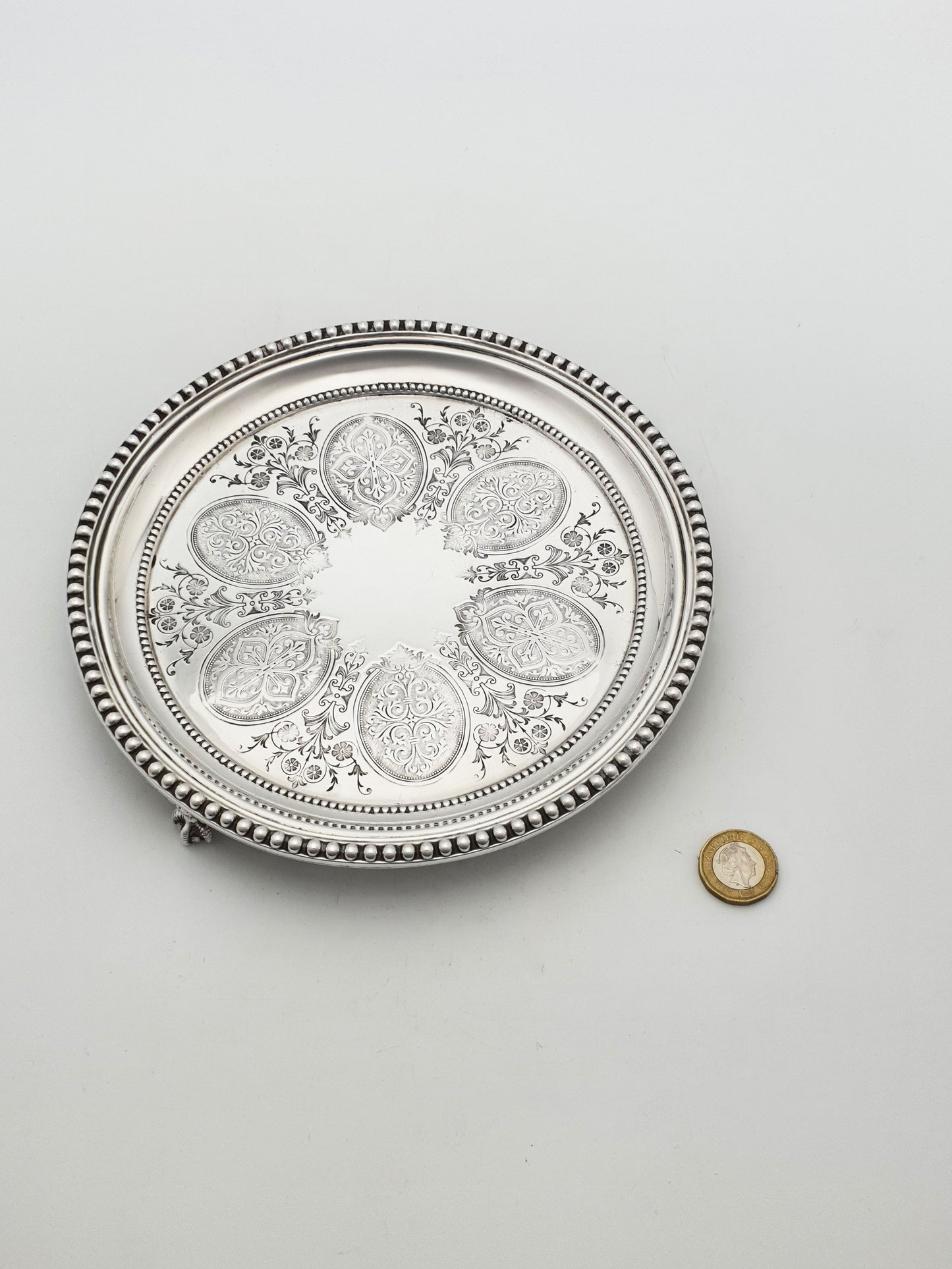 Antique Victorian Round Serving Tray/Salver with Engraved Medallions – circa 1890