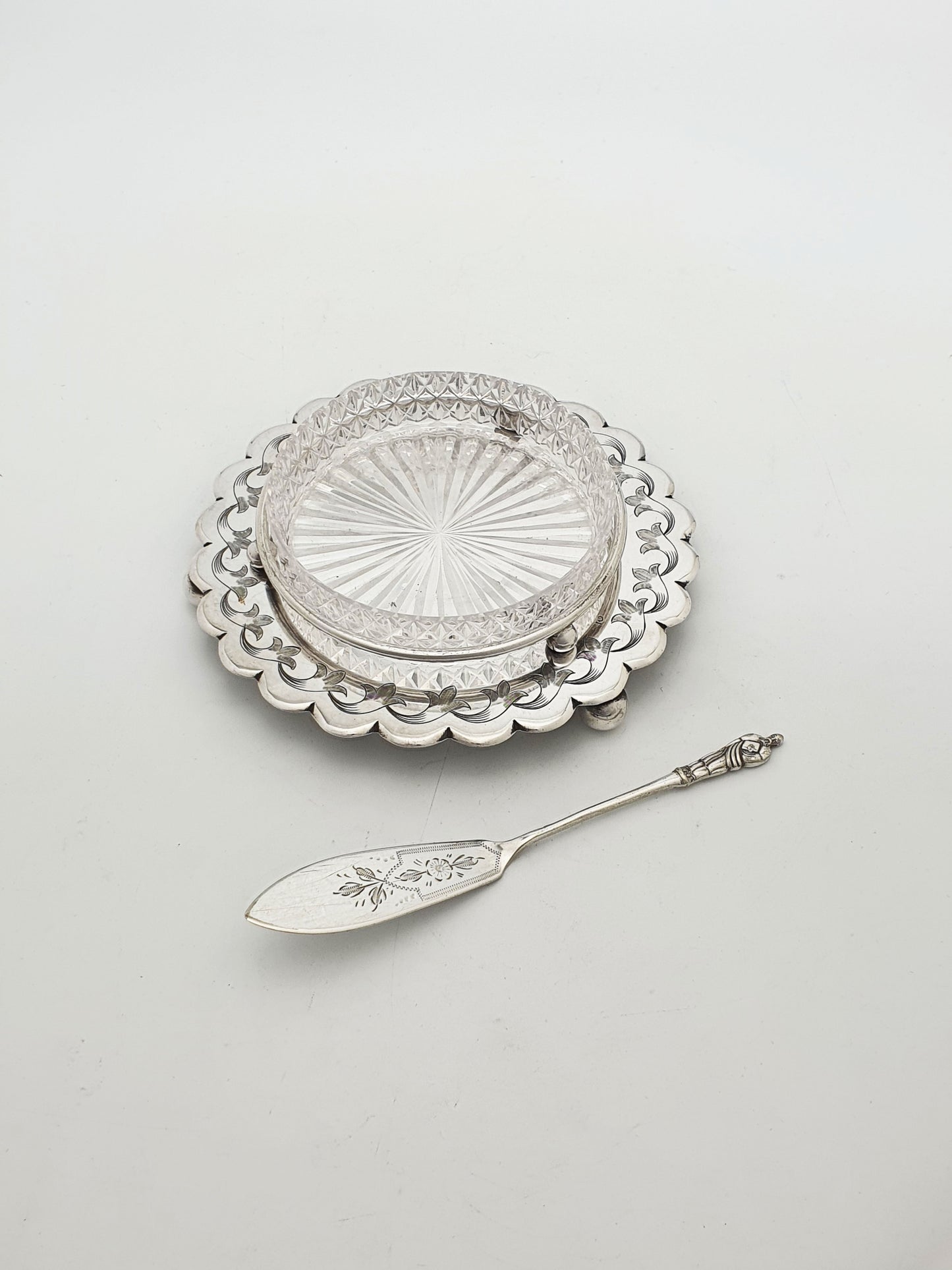 Antique Edwardian Butter Dish with Cut Glass Liner and Spreader – circa 1905