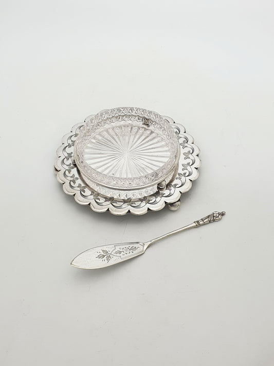 Antique Edwardian Butter Dish with Cut Glass Liner and Spreader – circa 1905