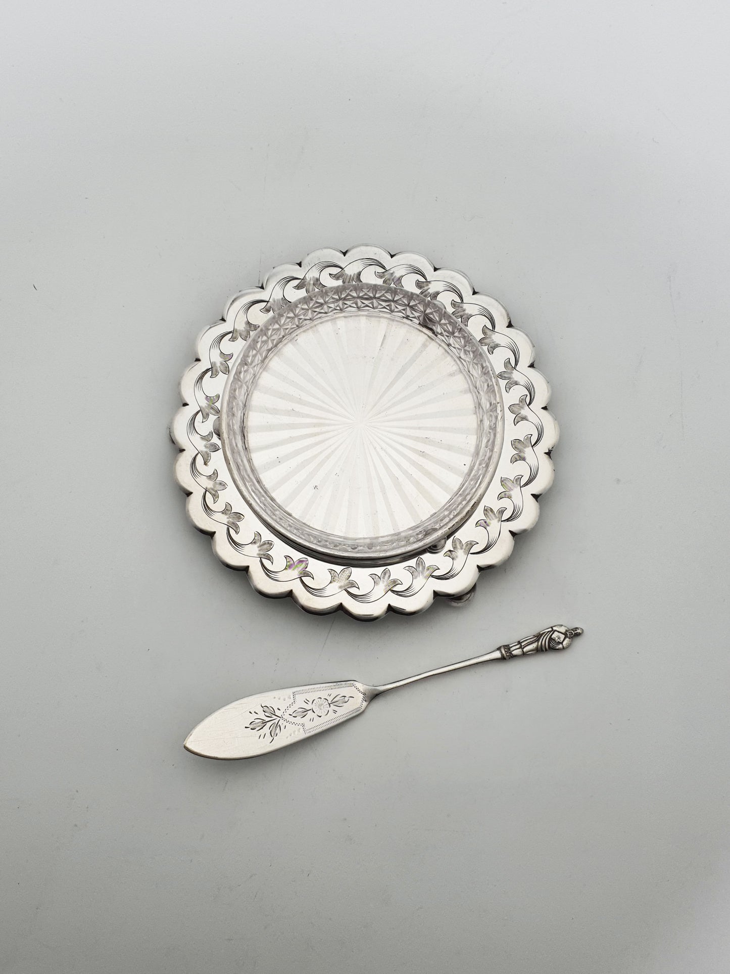 Antique Edwardian Butter Dish with Cut Glass Liner and Spreader – circa 1905