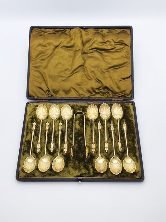 Stunning Antique Victorian Gilt Silver Plate Apostle Spoons Set - circa 1890