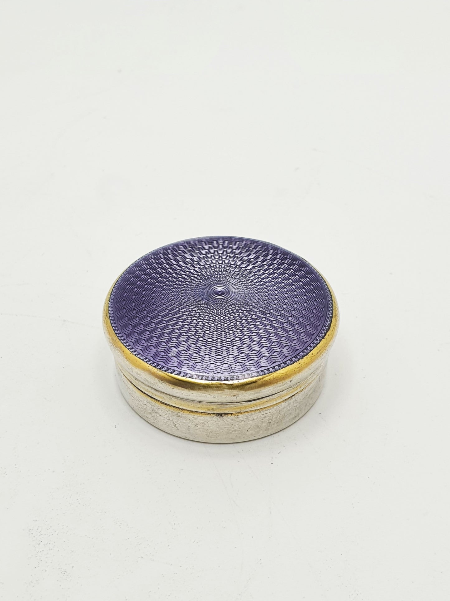 Antique Sterling Silver & Purple Guilloché Enamel Pill Box - 1926