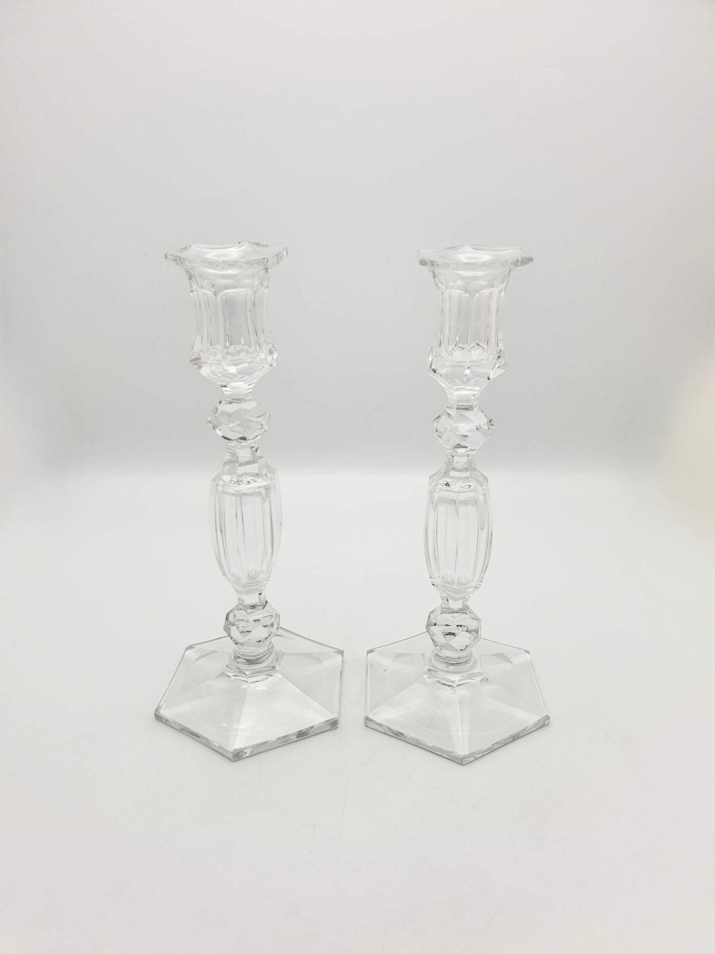 Gorgeous Pair of Antique Clear Cut Crystal Candlesticks  – circa 1920