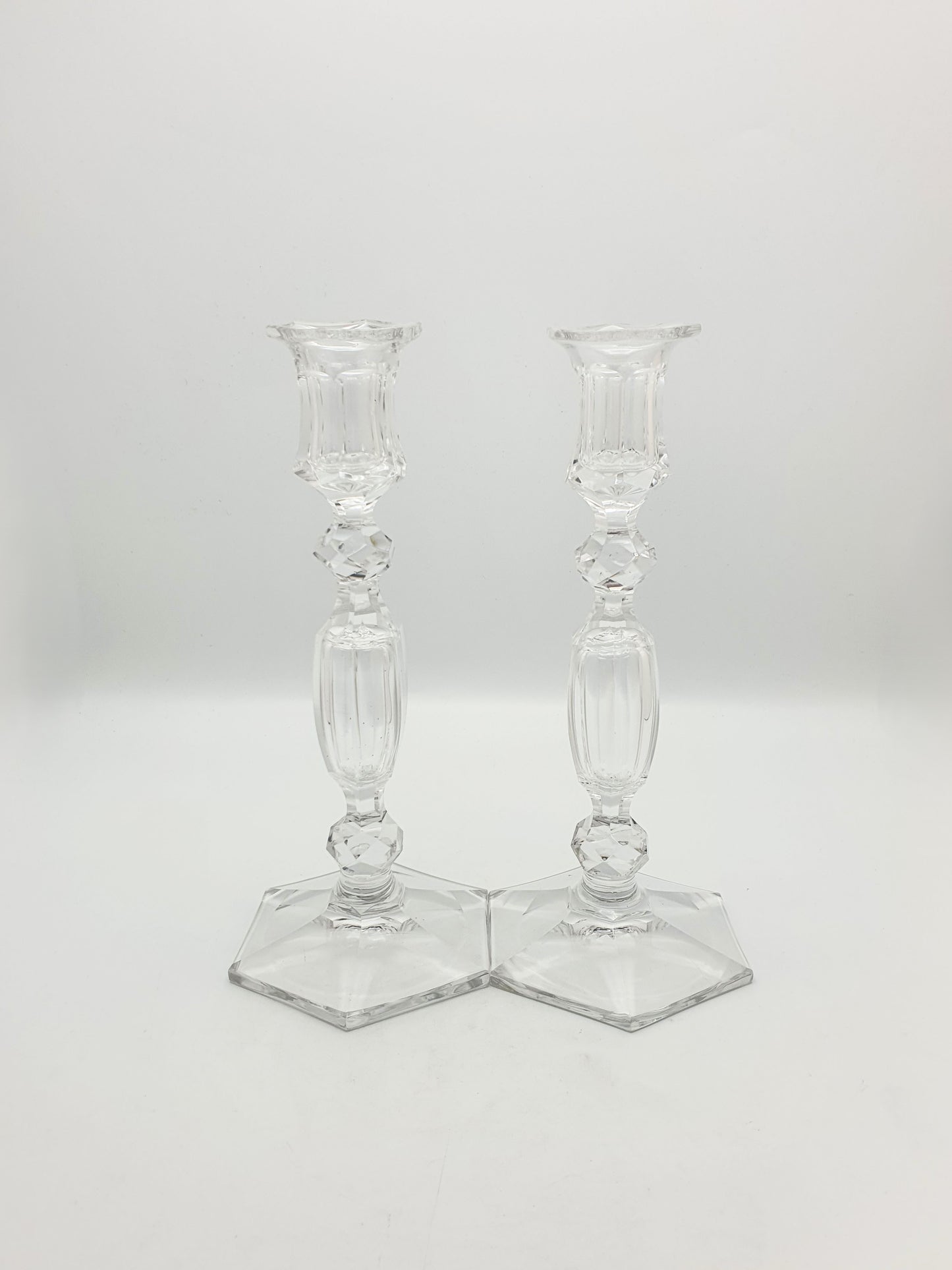 Gorgeous Pair of Antique Clear Cut Crystal Candlesticks  – circa 1920
