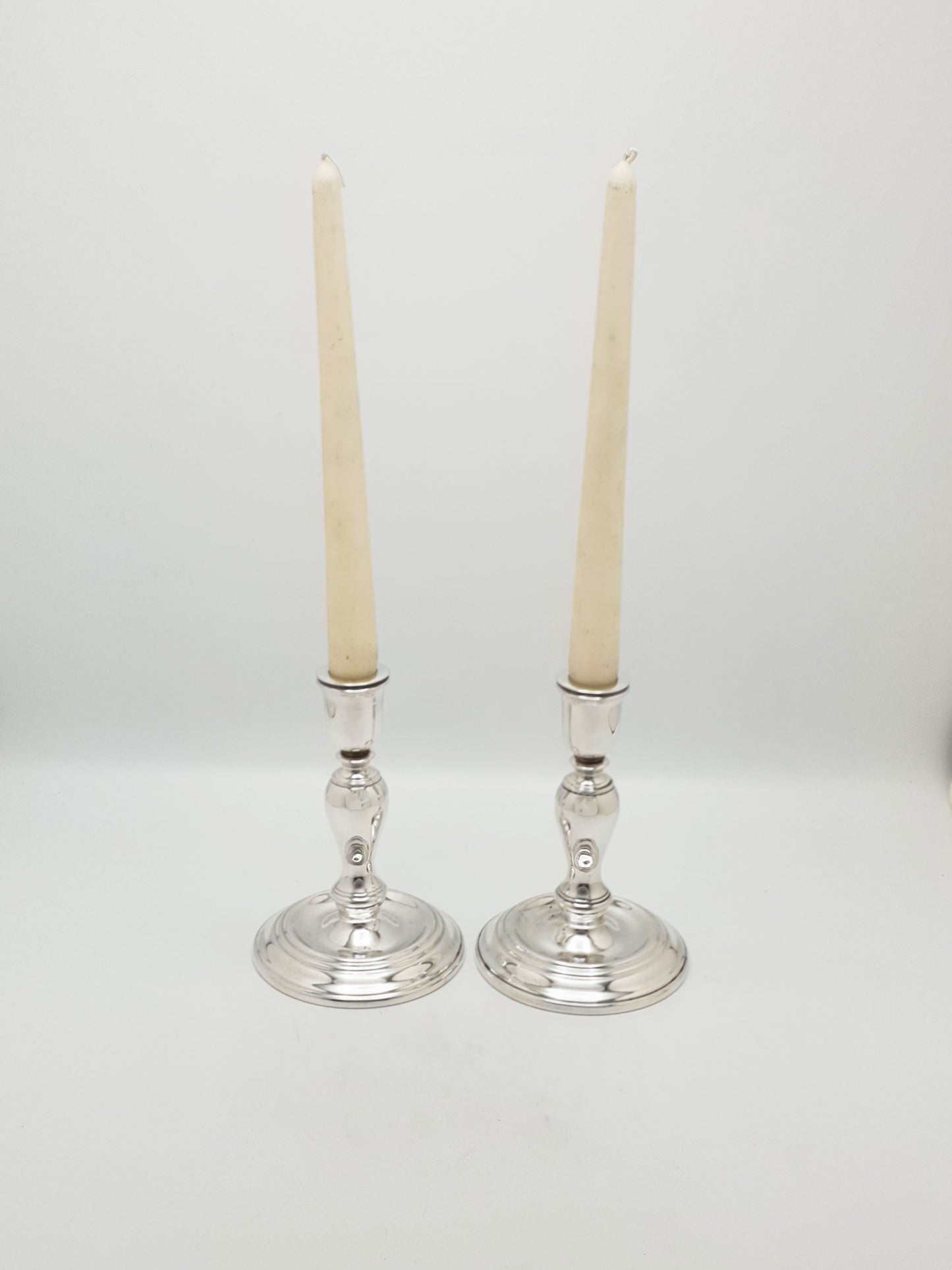 Pair of Antique George V Sterling Silver Low Candlesticks - 1919