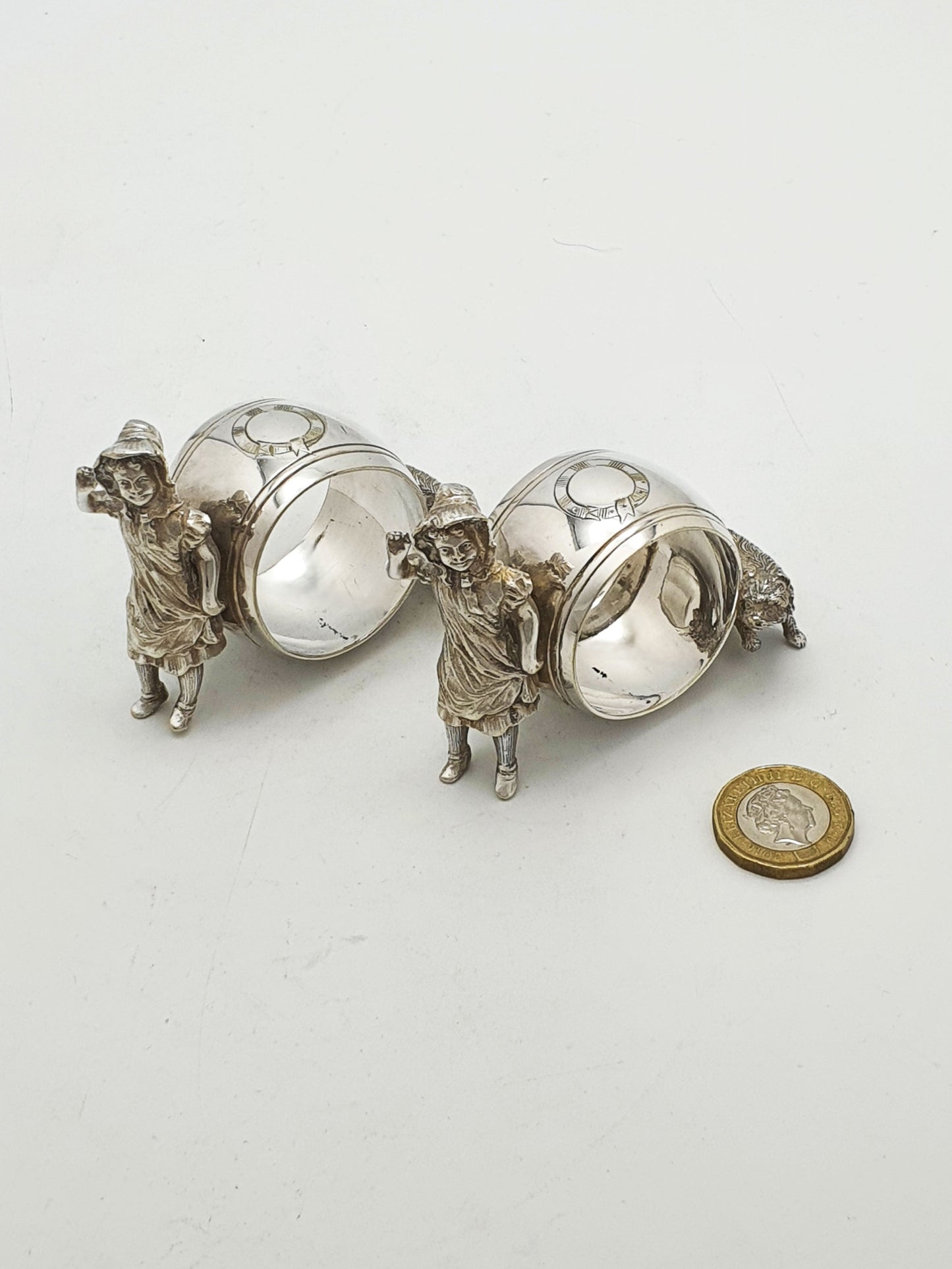 Lovely Pair of Antique Victorian Silver Plated Figural Napkin Rings - 1891