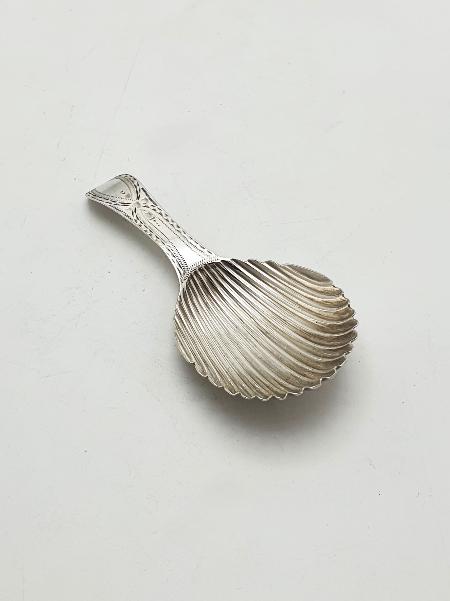 Antique Georgian Sterling Silver Shell Caddy Spoon with Engraved Handle - 1788