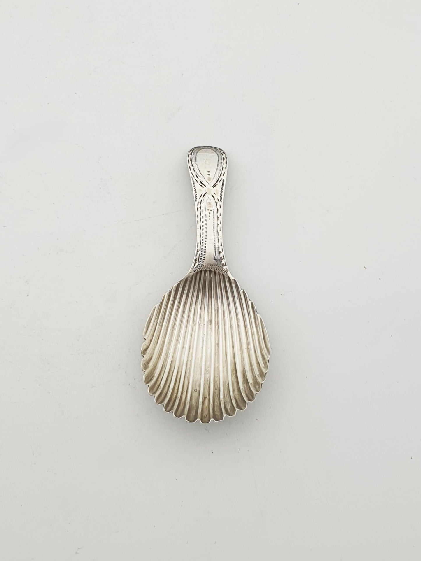 Antique Georgian Sterling Silver Shell Caddy Spoon with Engraved Handle - 1788