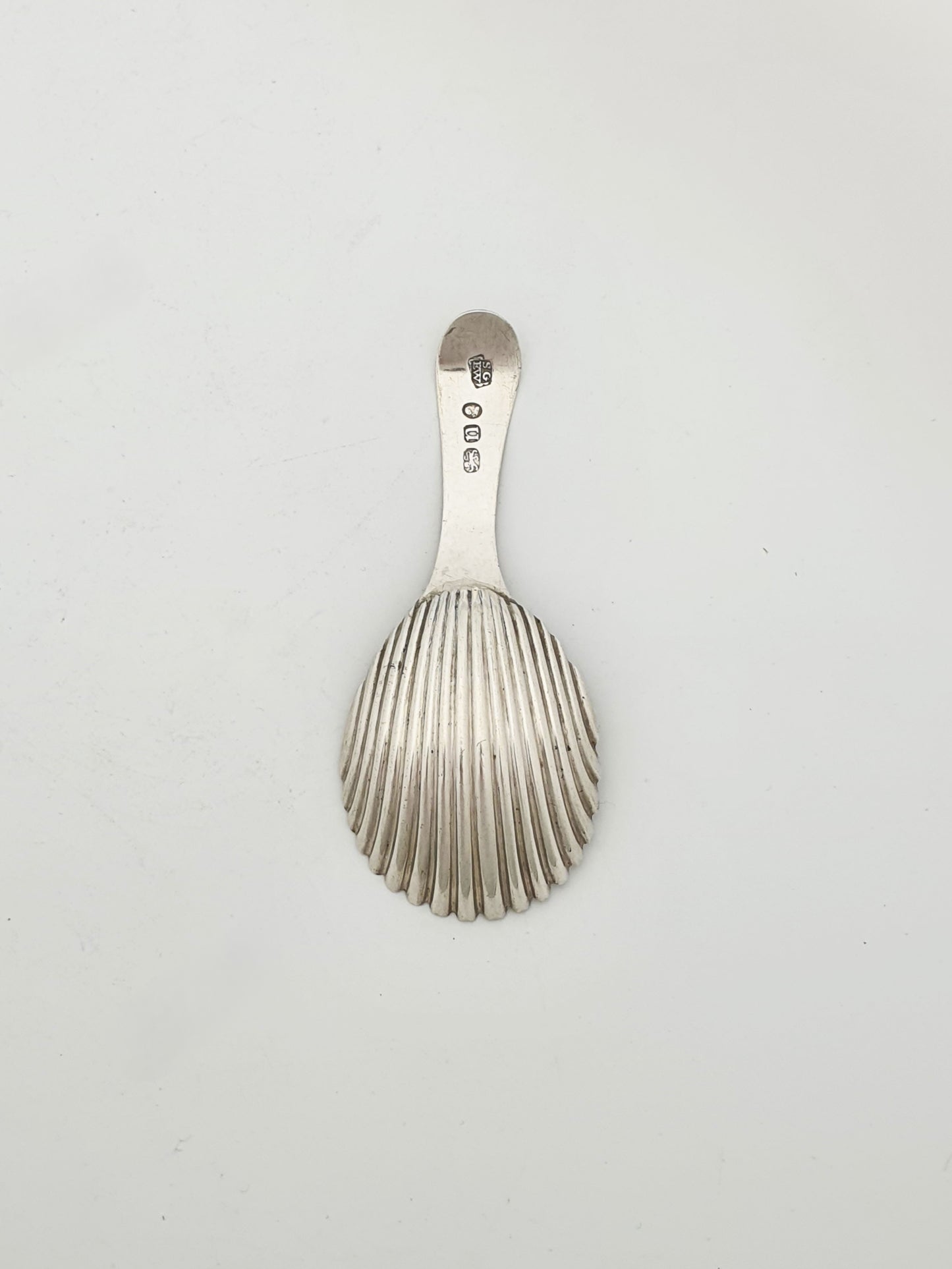 Antique Georgian Sterling Silver Shell Caddy Spoon with Engraved Handle - 1788
