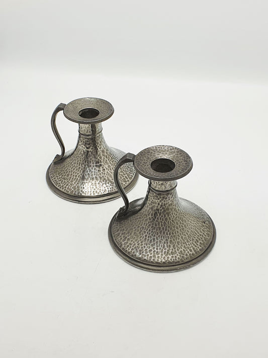 Nice Pair of Arts & Crafts Hammered Pewter Chambersticks – circa 1920