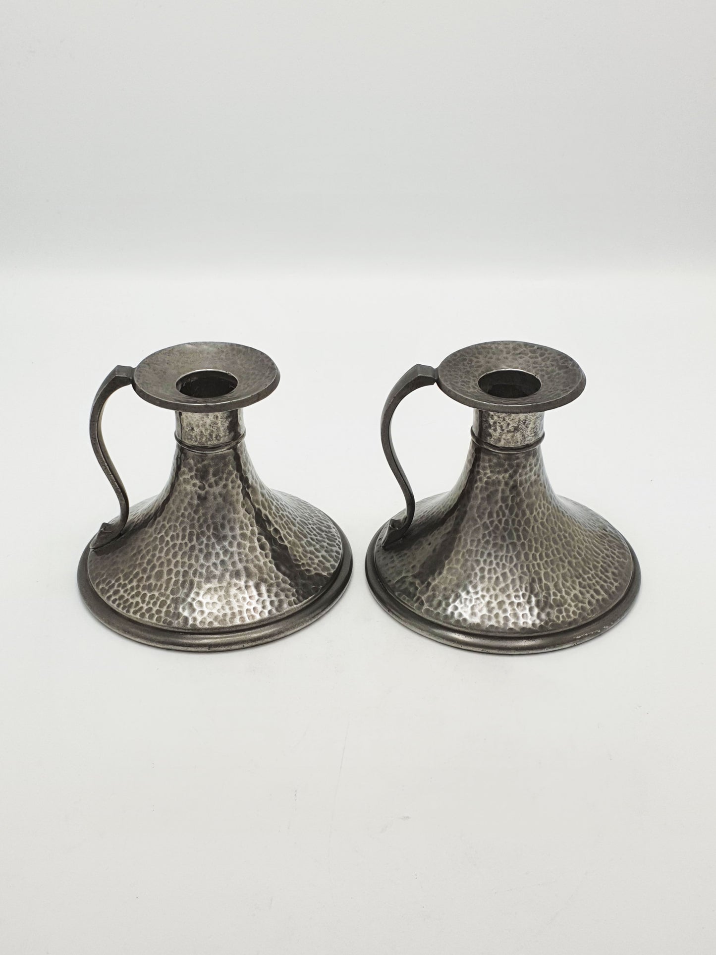 Nice Pair of Arts & Crafts Hammered Pewter Chambersticks – circa 1920