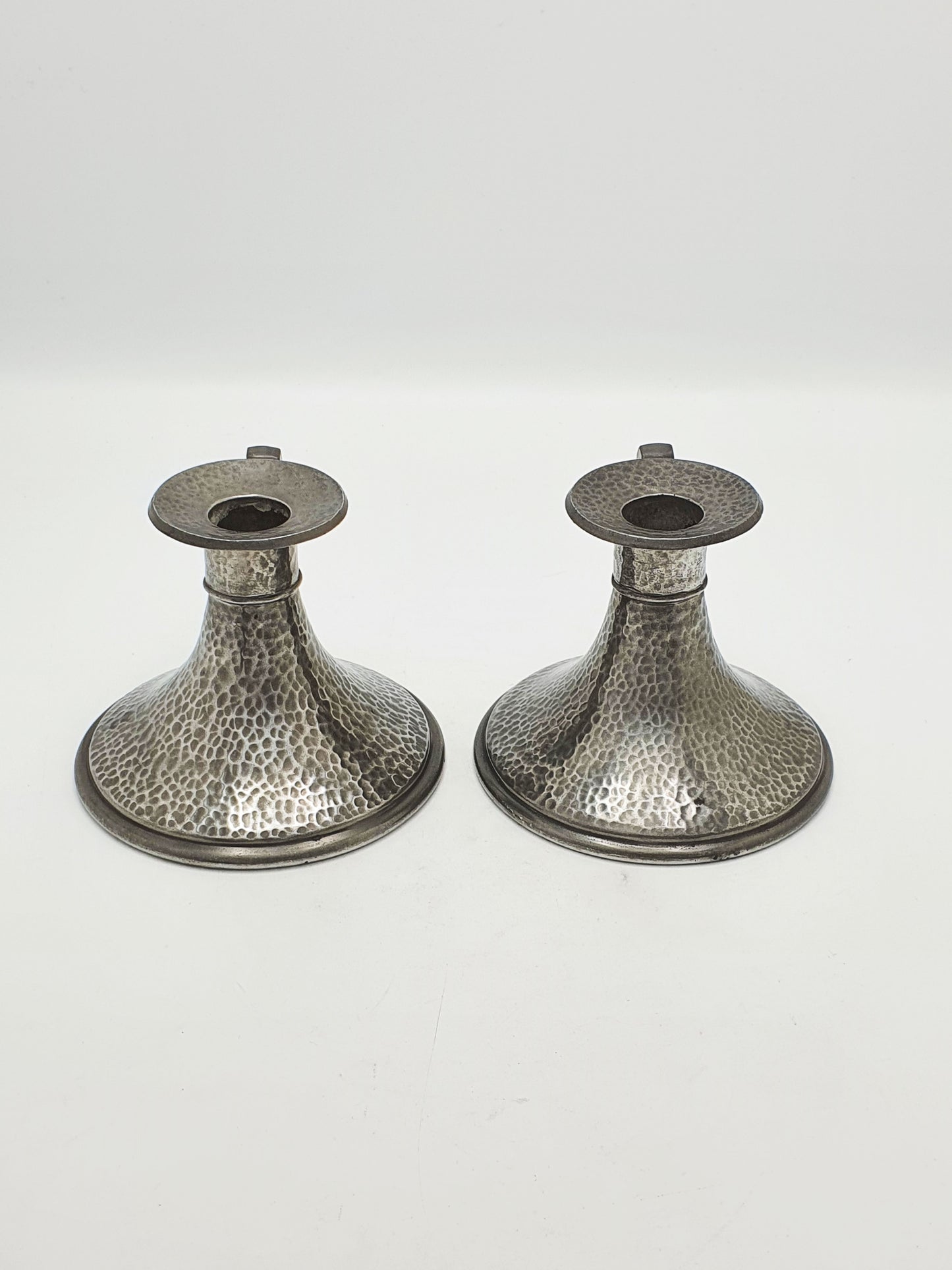 Nice Pair of Arts & Crafts Hammered Pewter Chambersticks – circa 1920