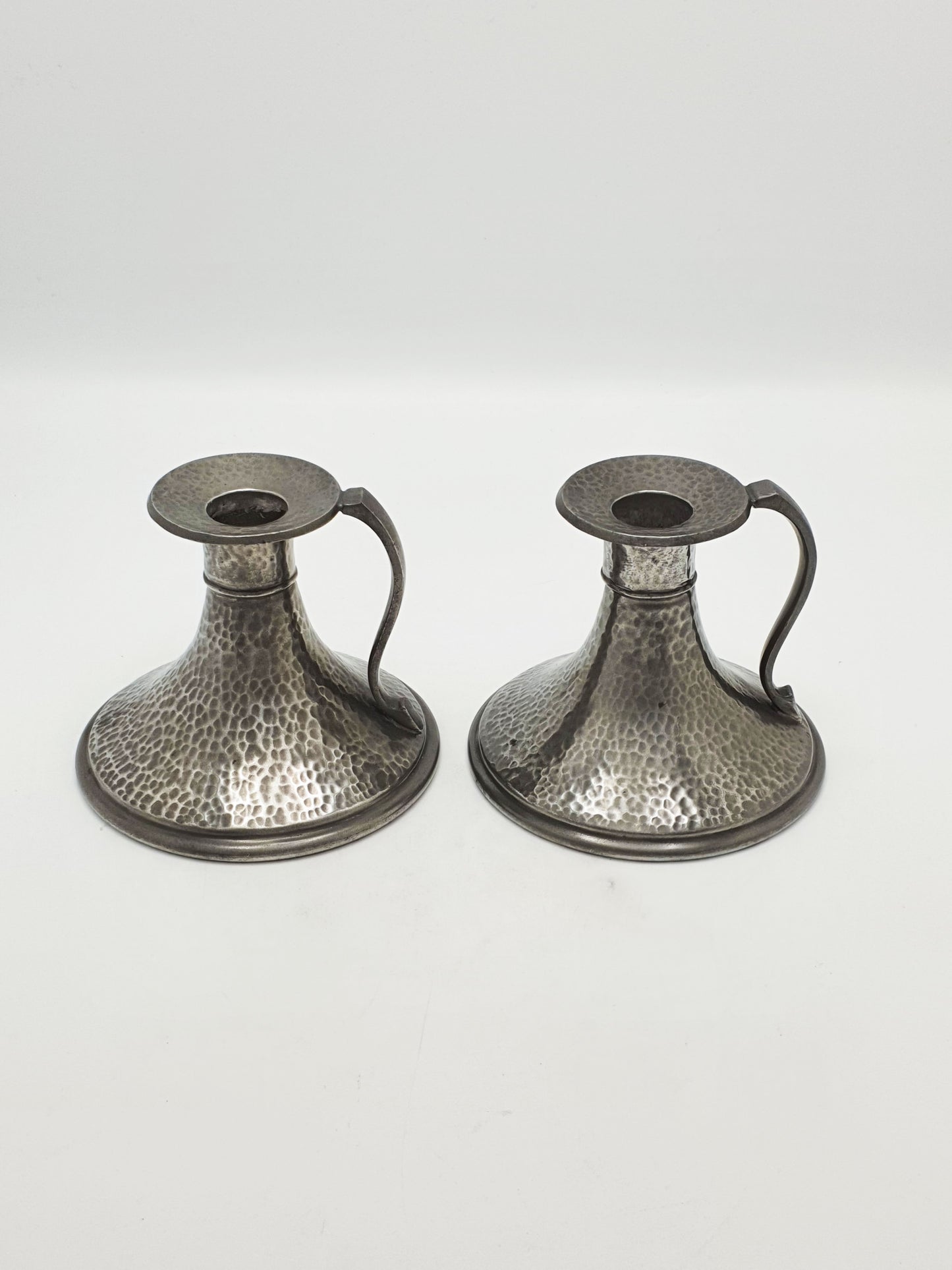 Nice Pair of Arts & Crafts Hammered Pewter Chambersticks – circa 1920