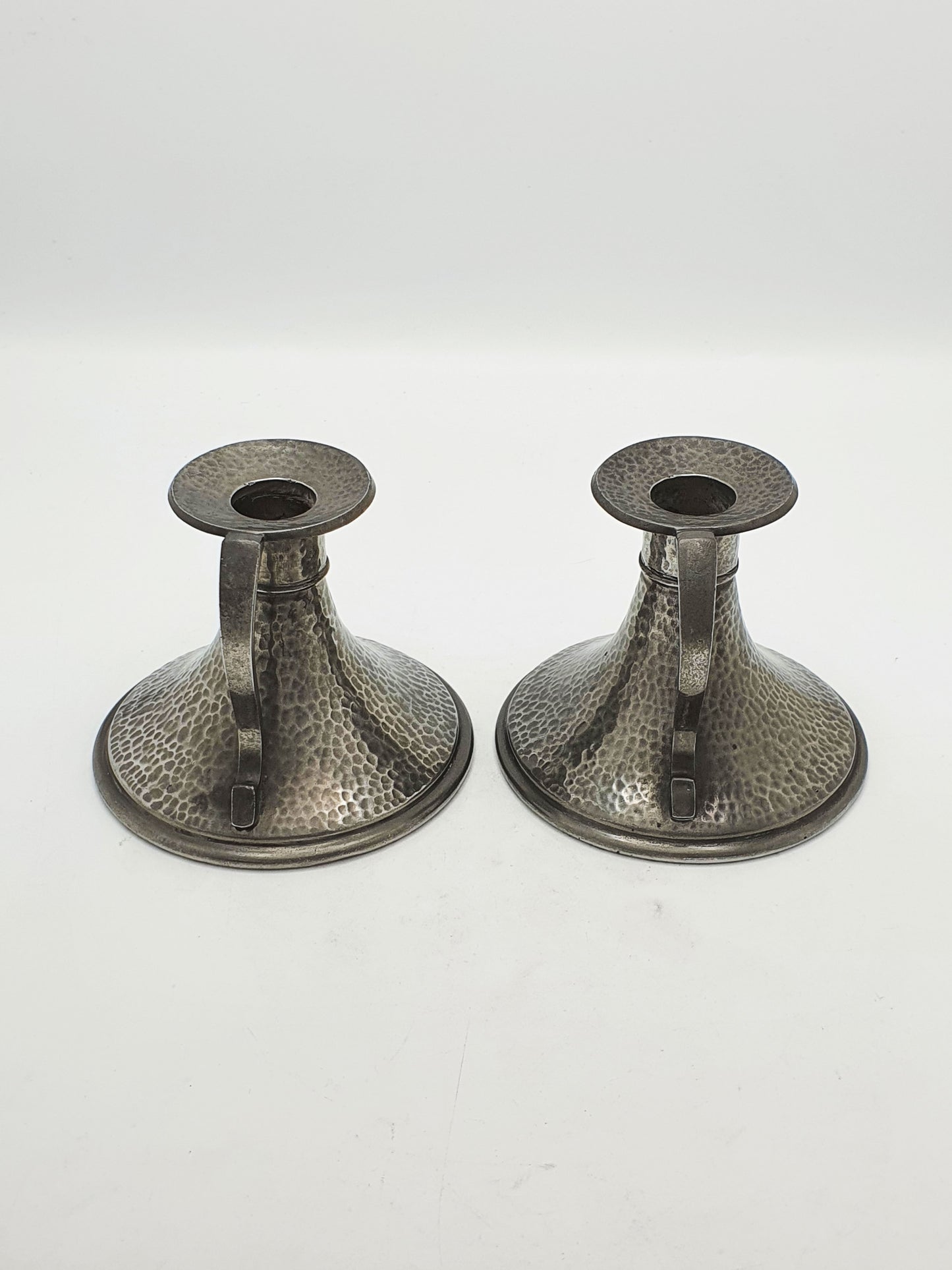 Nice Pair of Arts & Crafts Hammered Pewter Chambersticks – circa 1920