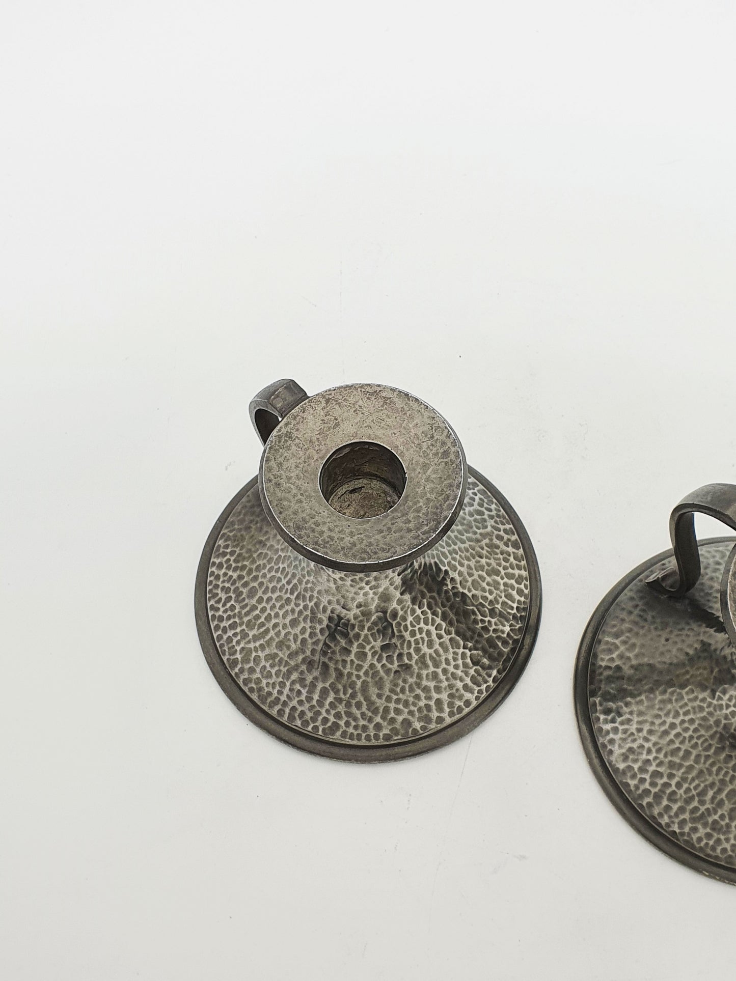Nice Pair of Arts & Crafts Hammered Pewter Chambersticks – circa 1920