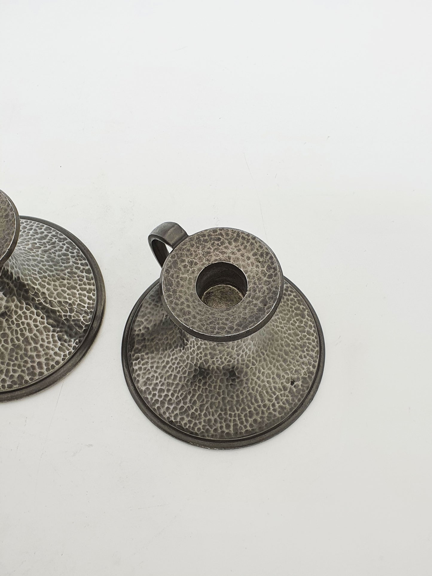 Nice Pair of Arts & Crafts Hammered Pewter Chambersticks – circa 1920
