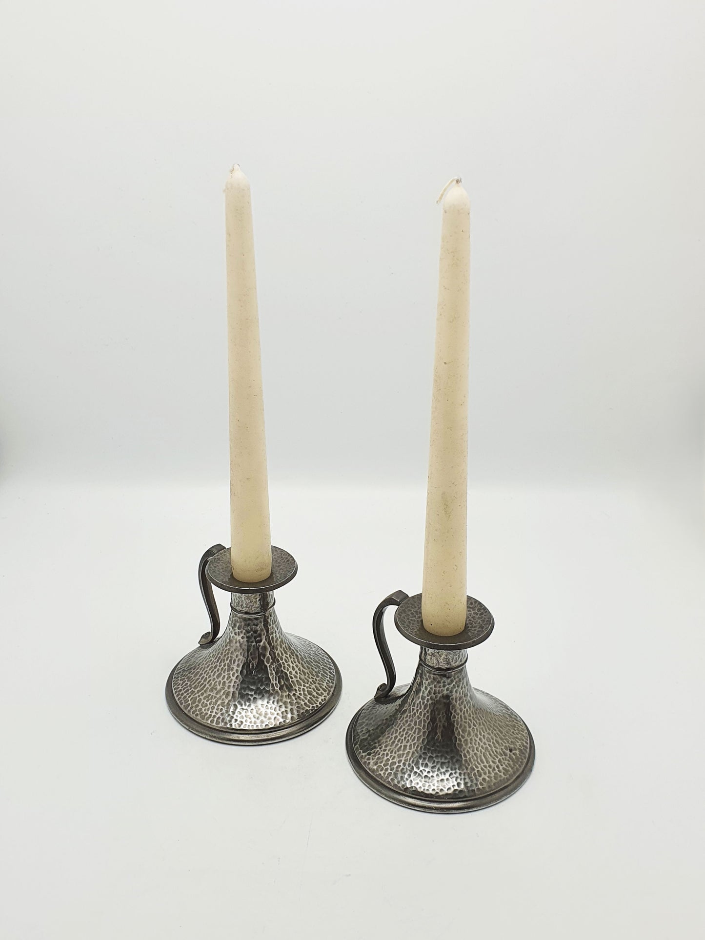 Nice Pair of Arts & Crafts Hammered Pewter Chambersticks – circa 1920