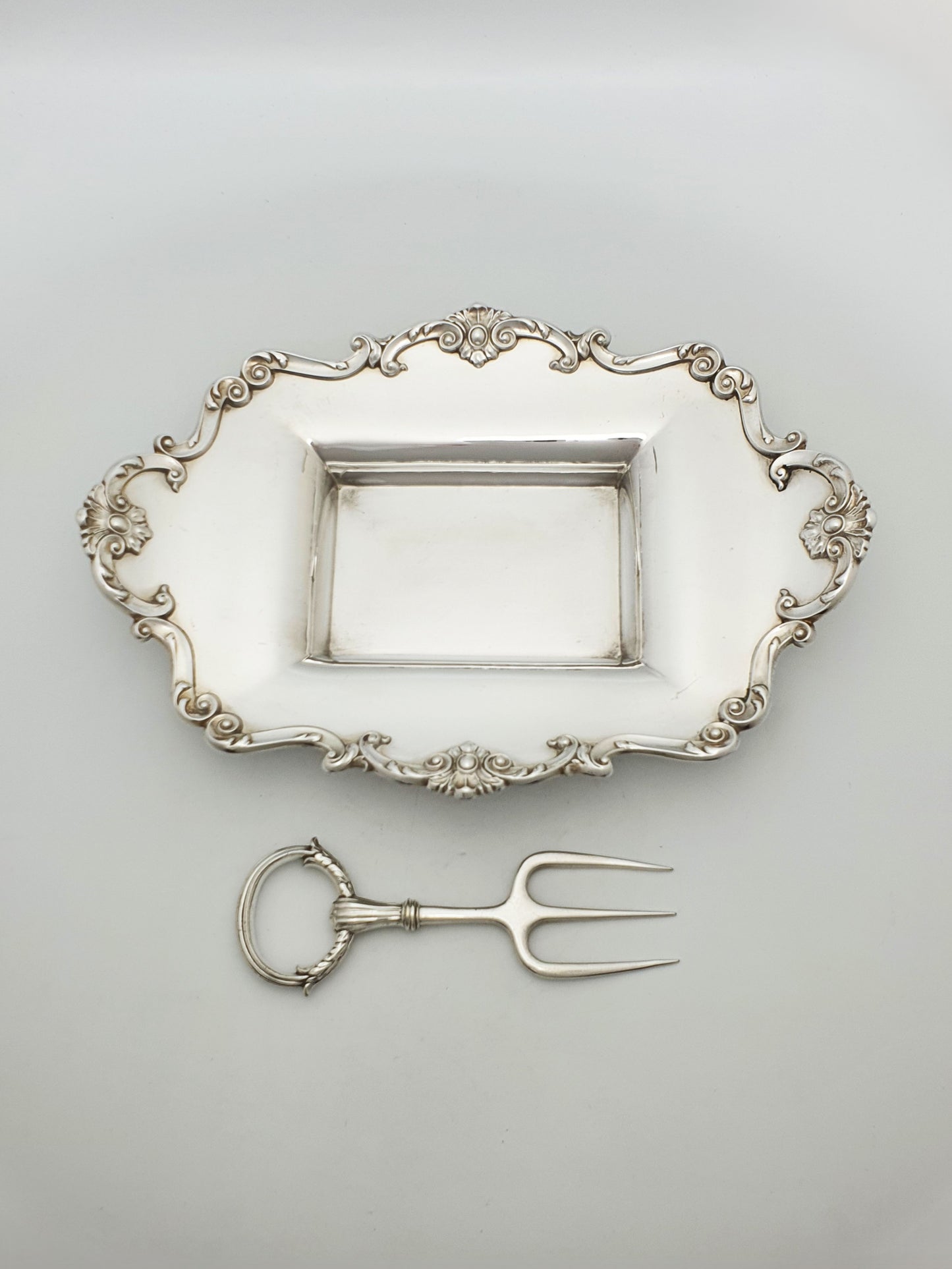 Rococo Revival Silver-Plated Bread Tray With Matching Three-Tine Fork – circa 1905