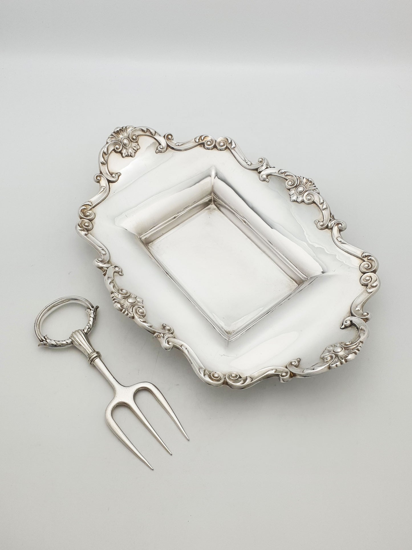 Rococo Revival Silver-Plated Bread Tray With Matching Three-Tine Fork – circa 1905