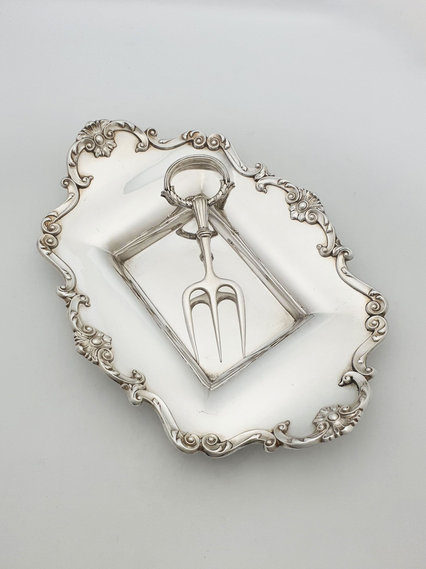 Rococo Revival Silver-Plated Bread Tray With Matching Three-Tine Fork – circa 1905