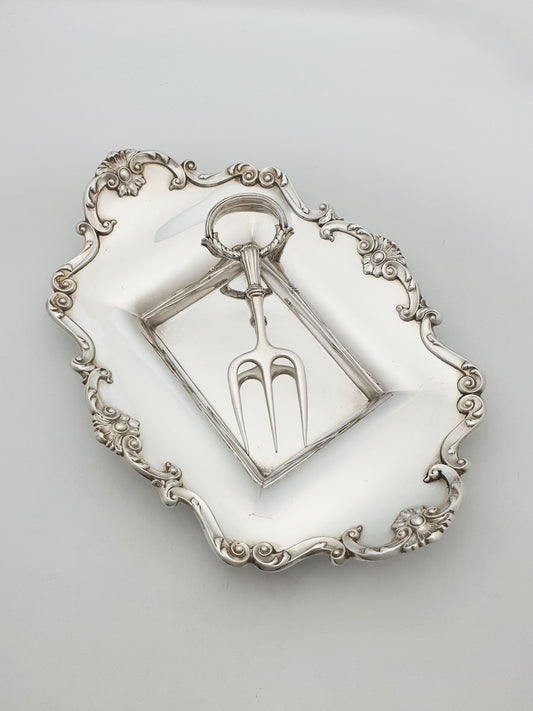 Rococo Revival Silver-Plated Bread Tray With Matching Three-Tine Fork – circa 1905