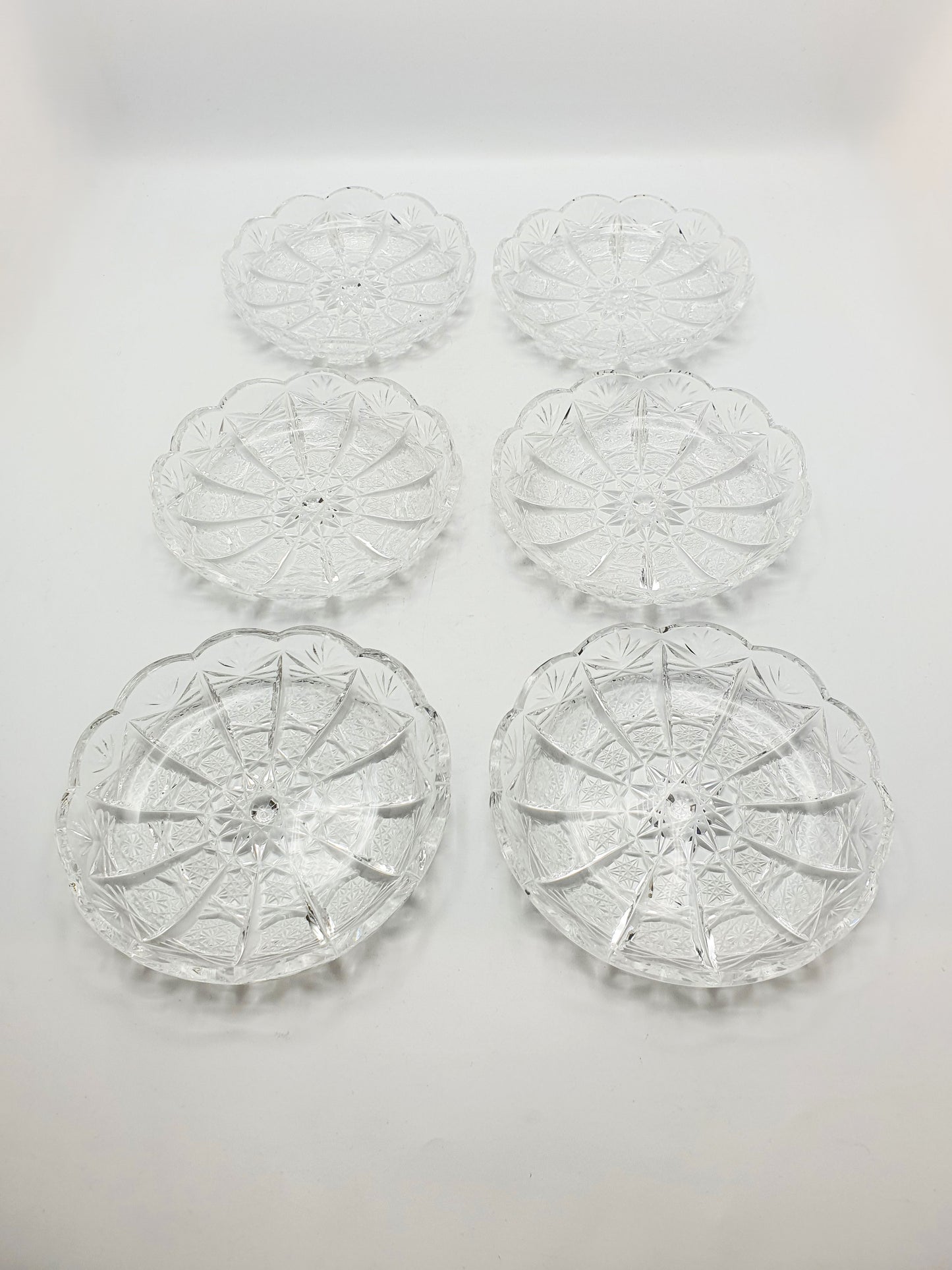 Gorgeous Set of 6 Cobweb Cut Glass Dishes – circa 1930