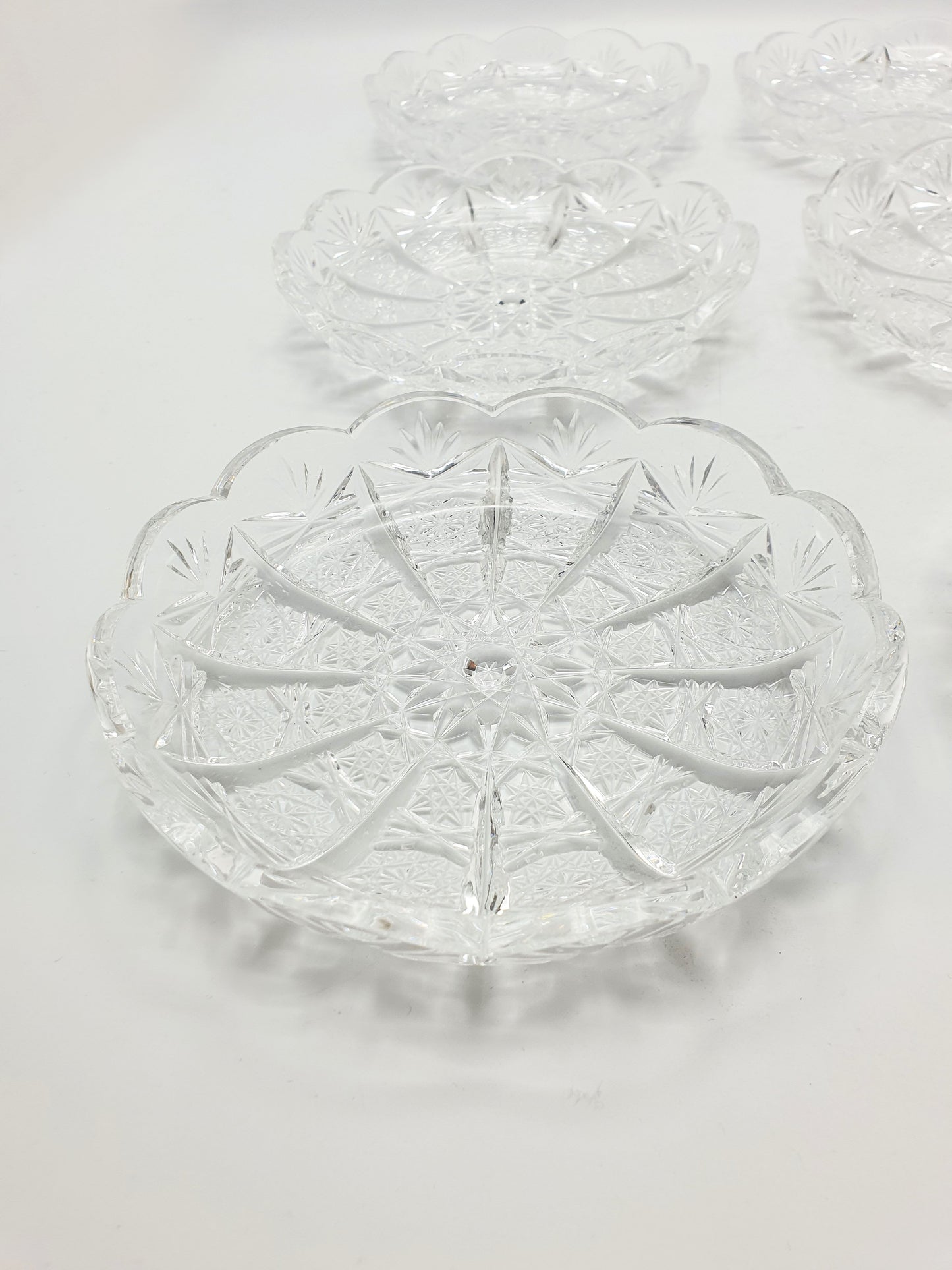 Gorgeous Set of 6 Cobweb Cut Glass Dishes – circa 1930