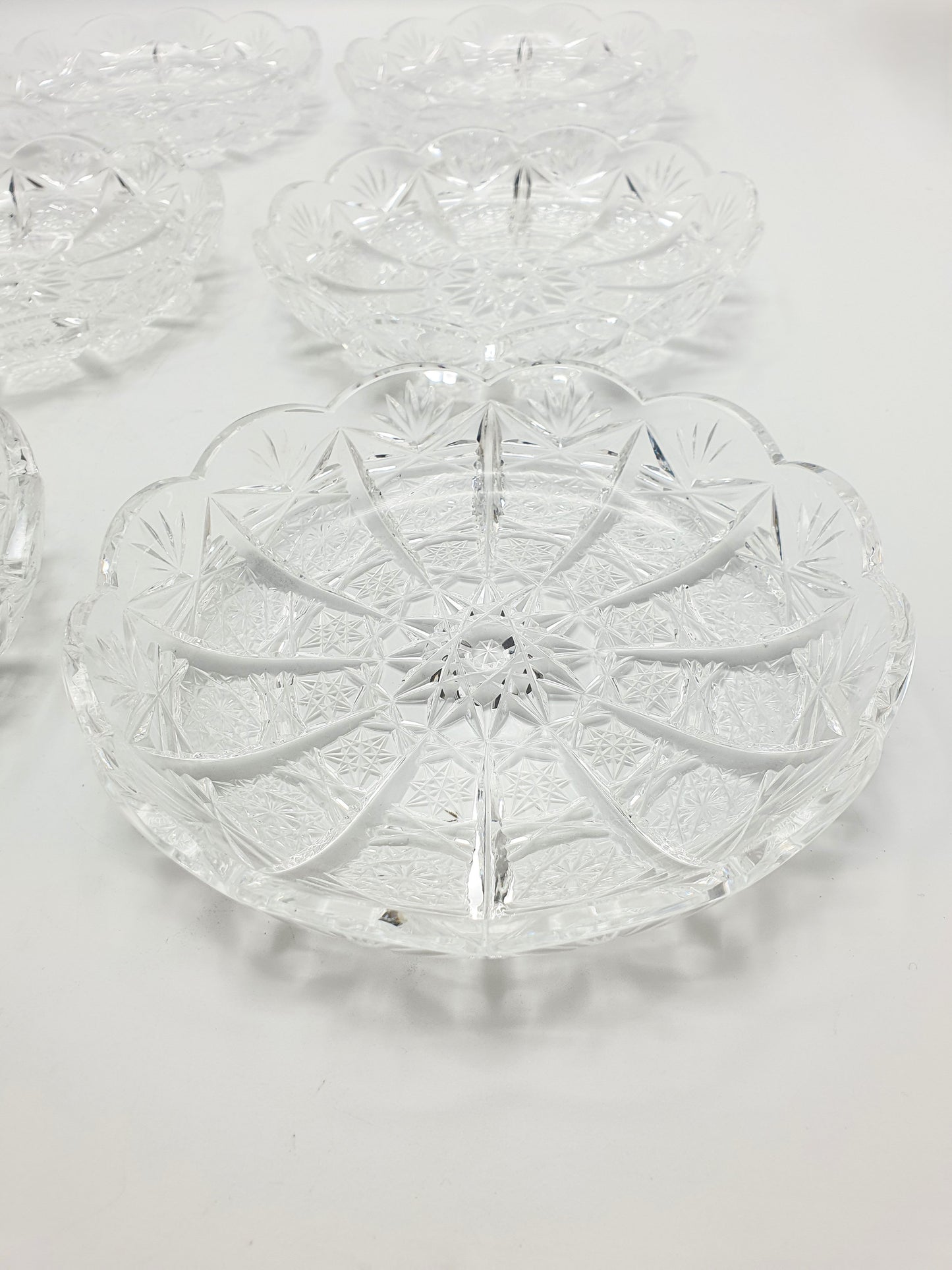 Gorgeous Set of 6 Cobweb Cut Glass Dishes – circa 1930