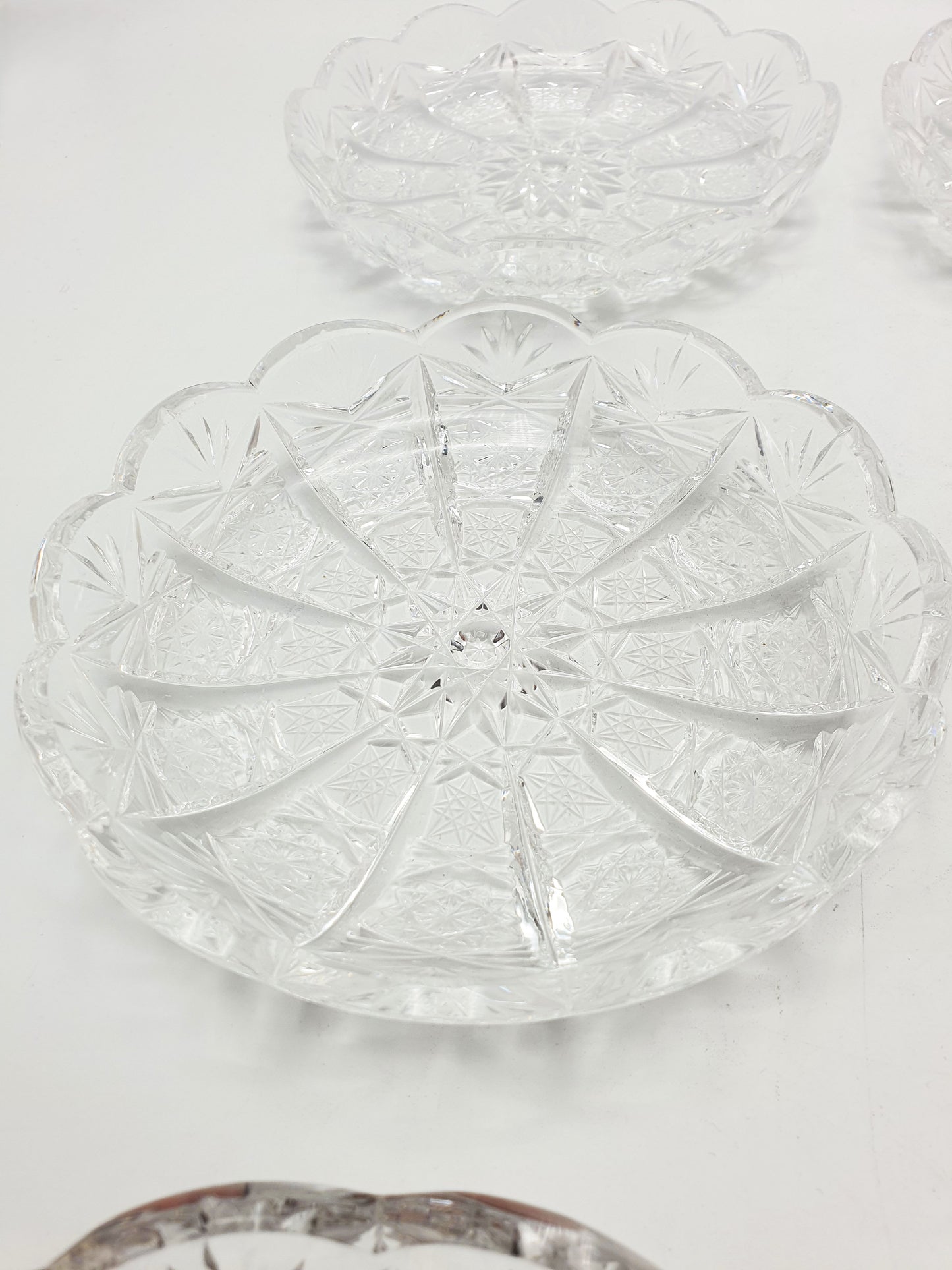 Gorgeous Set of 6 Cobweb Cut Glass Dishes – circa 1930