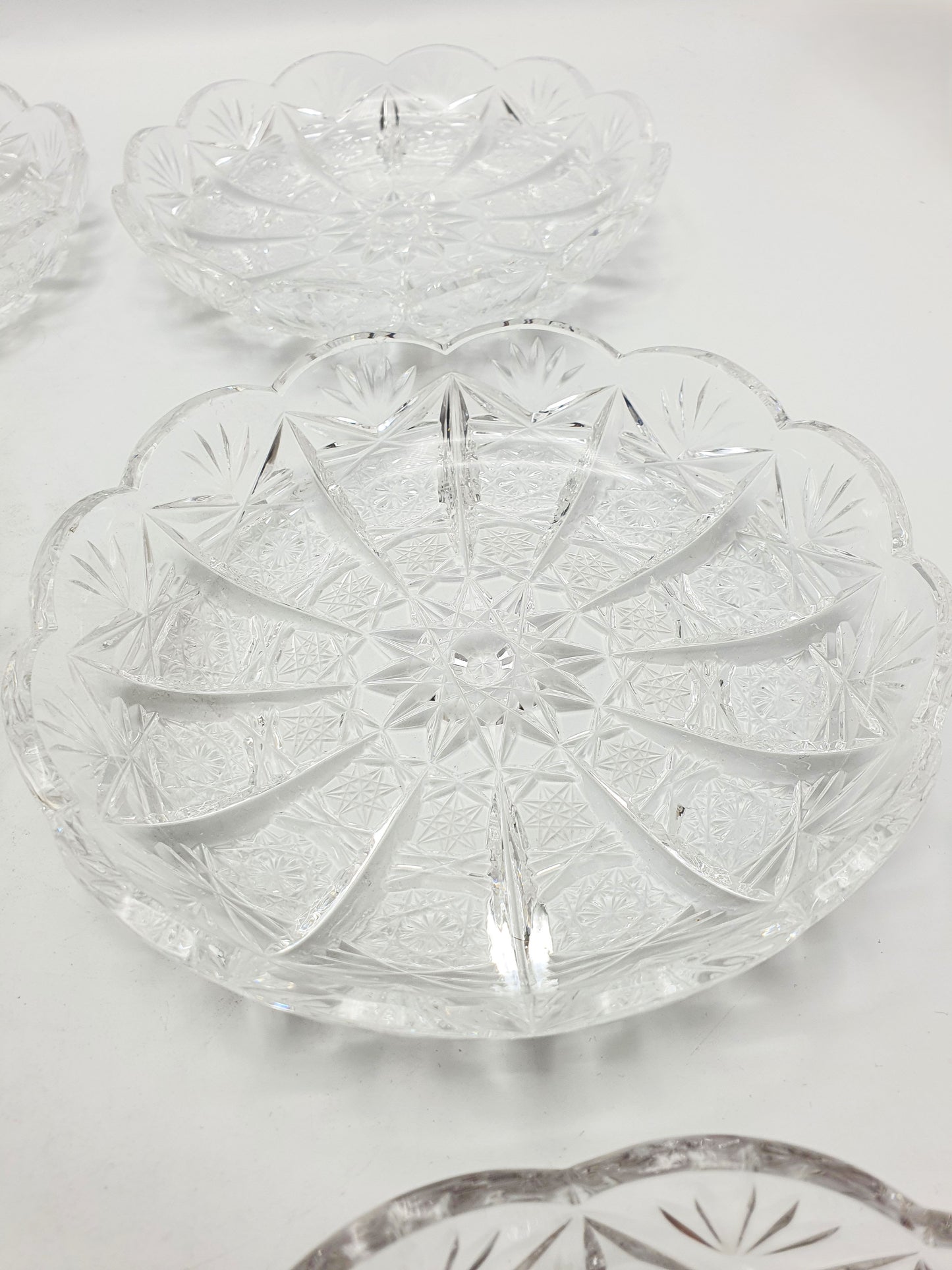 Gorgeous Set of 6 Cobweb Cut Glass Dishes – circa 1930