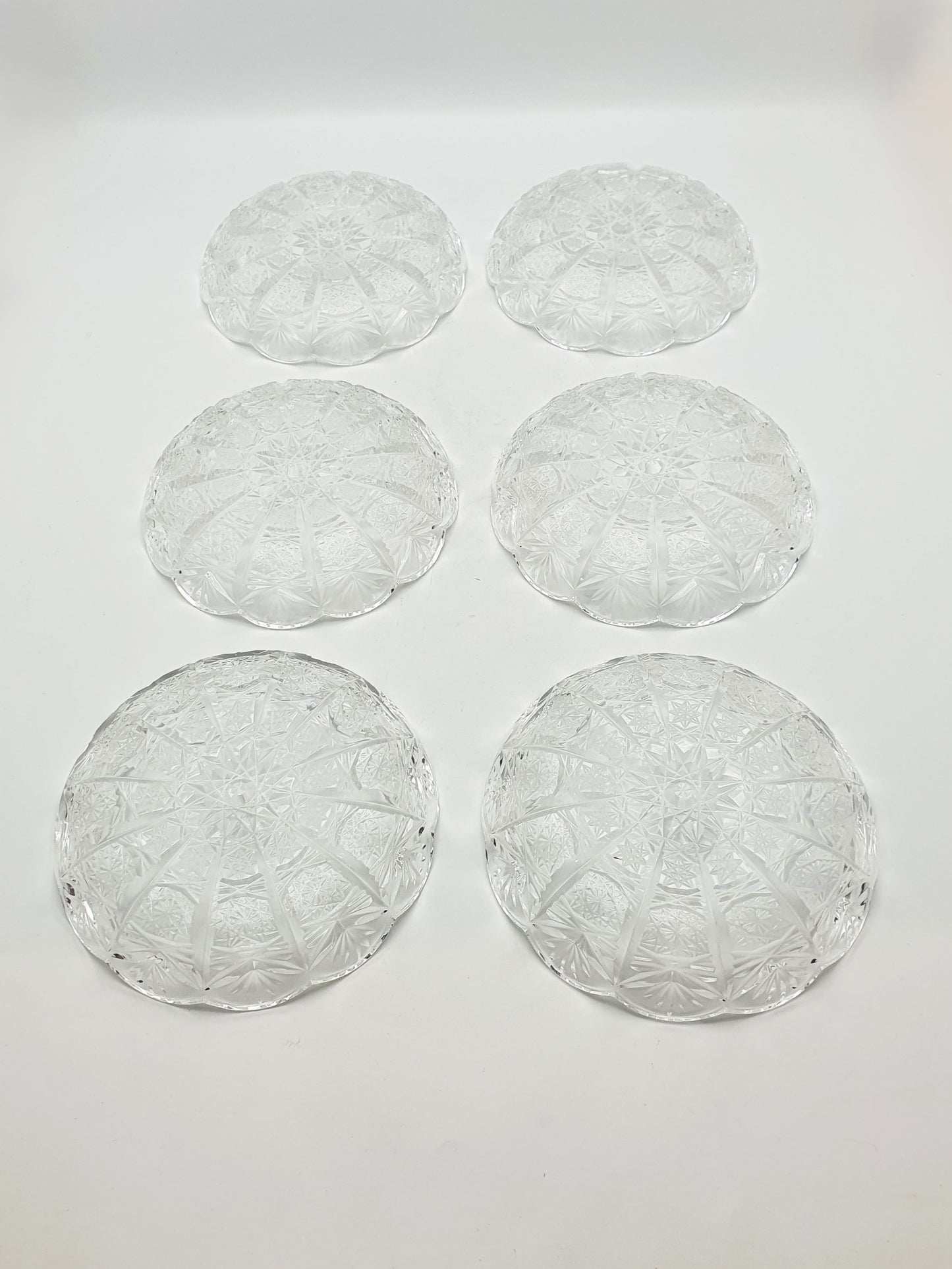 Gorgeous Set of 6 Cobweb Cut Glass Dishes – circa 1930