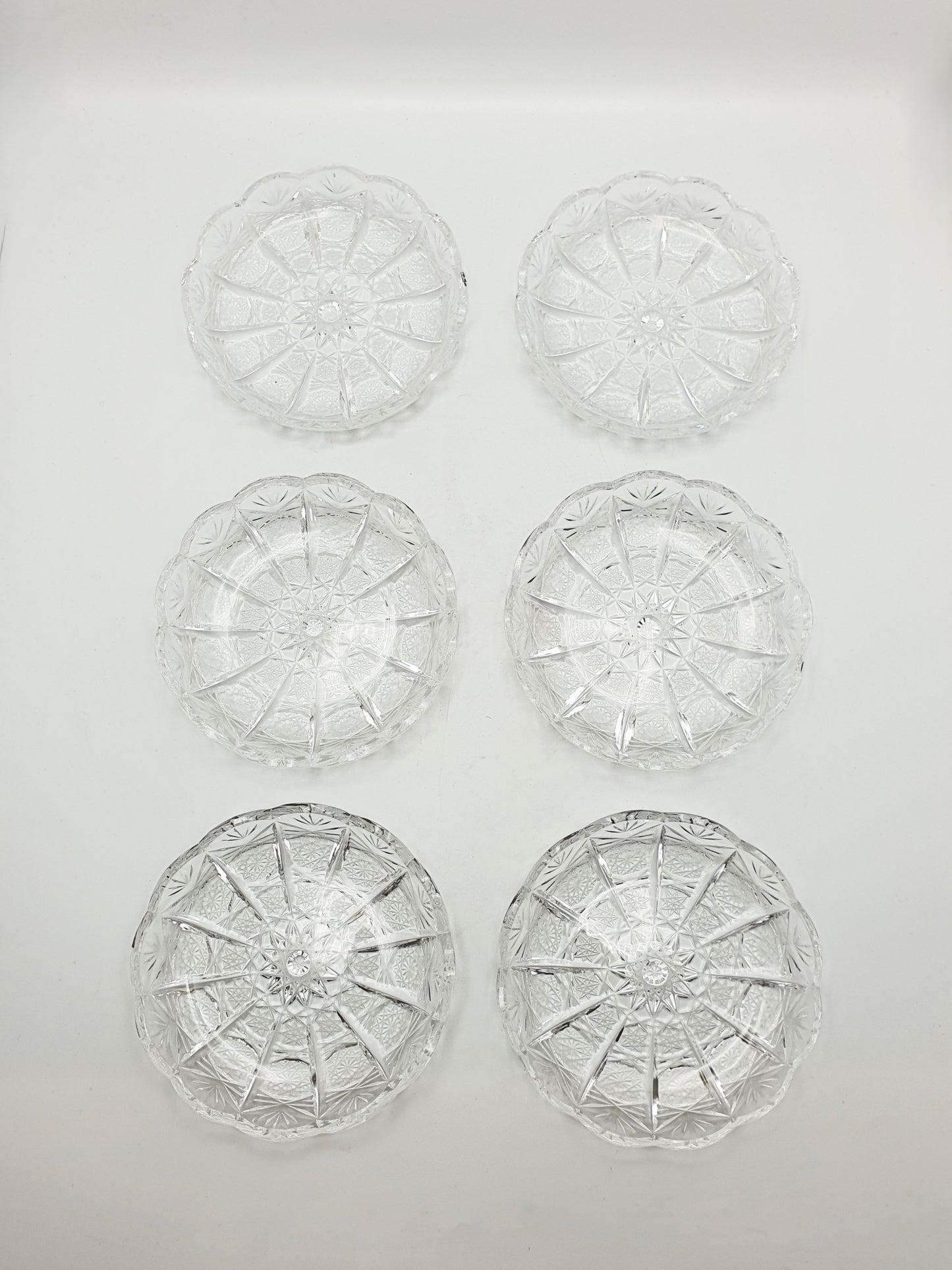 Gorgeous Set of 6 Cobweb Cut Glass Dishes – circa 1930