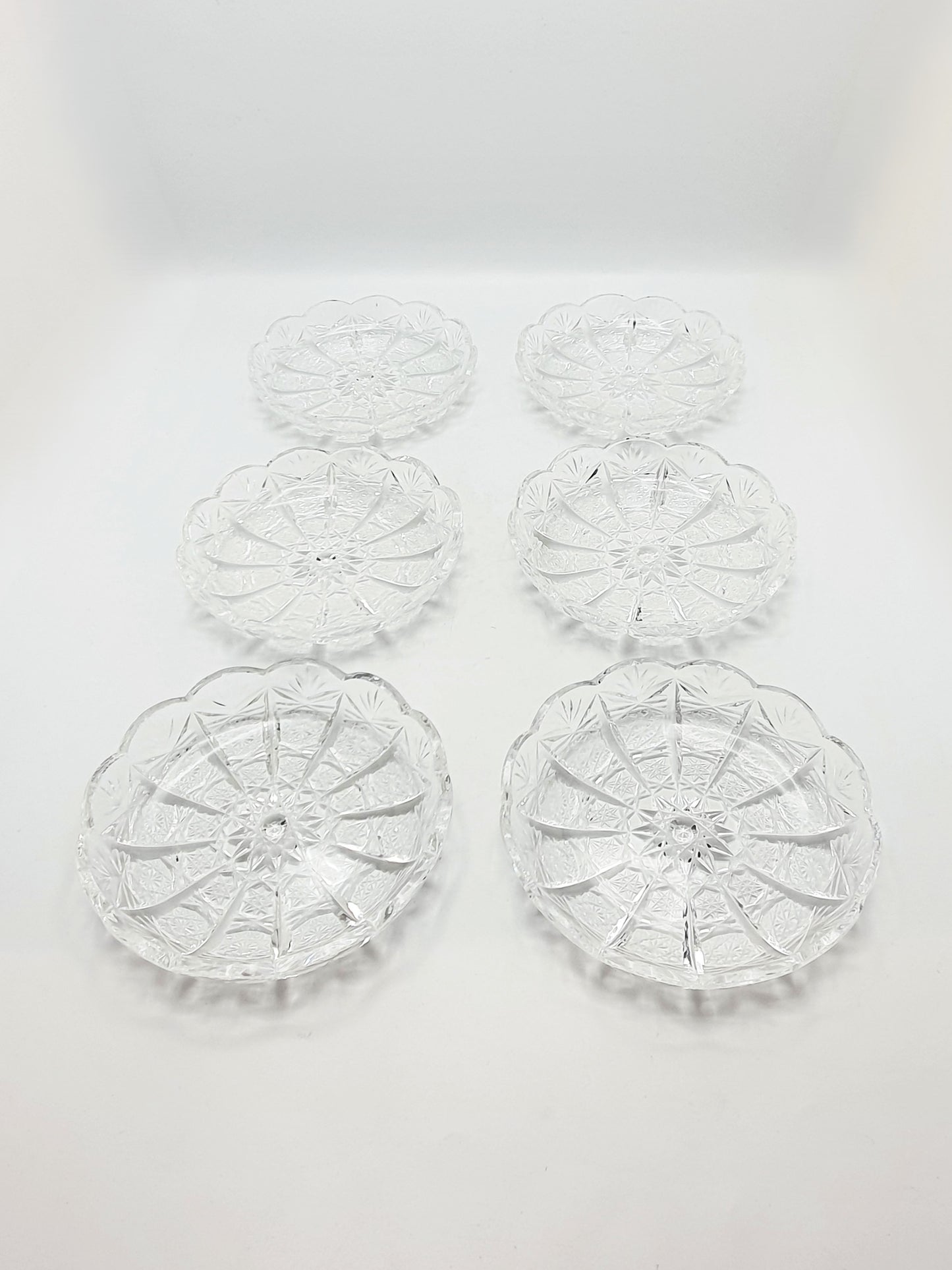 Gorgeous Set of 6 Cobweb Cut Glass Dishes – circa 1930