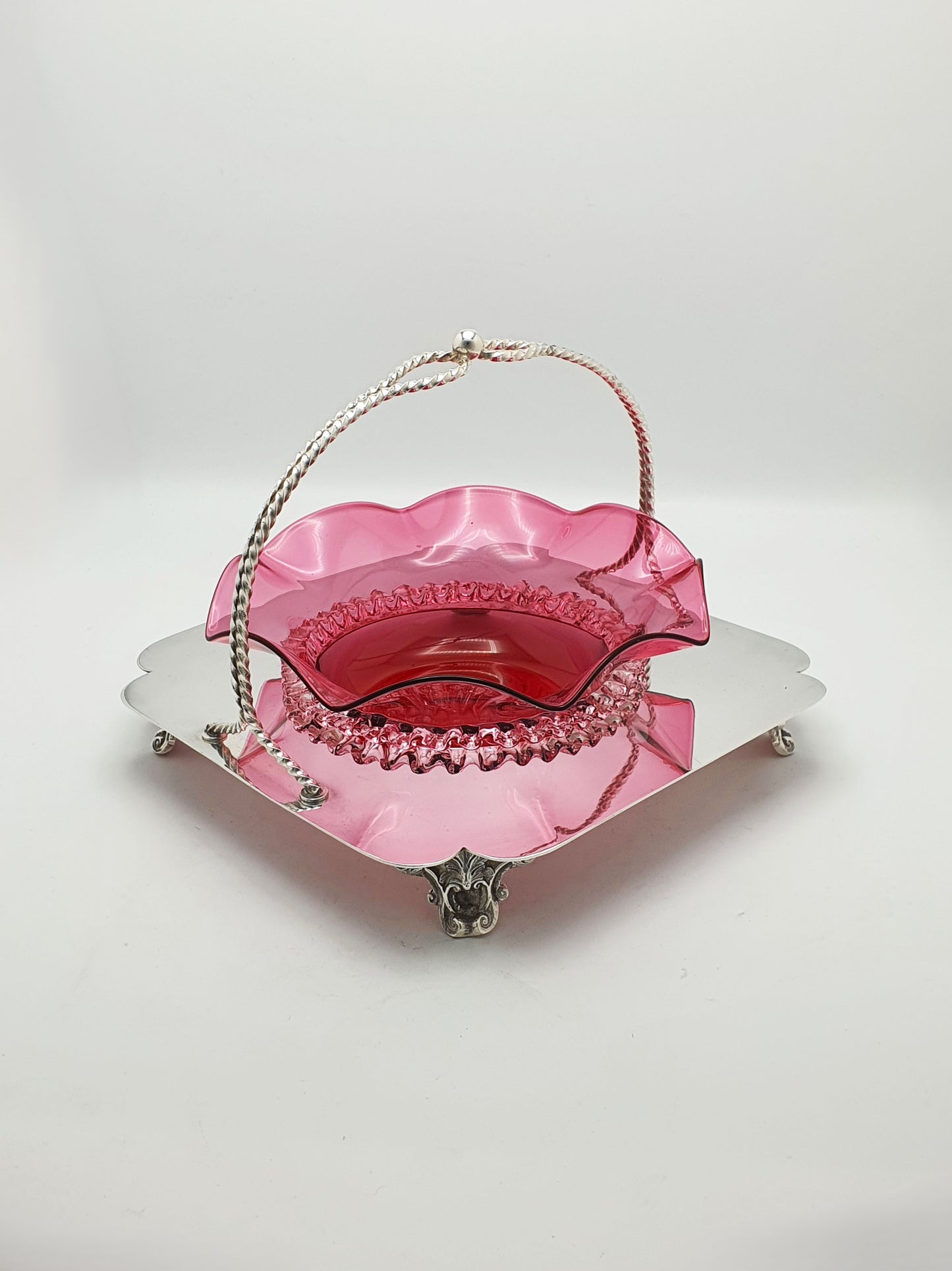 Stunning Cranberry Glass Dish in Silver Plated Stand - circa 1905