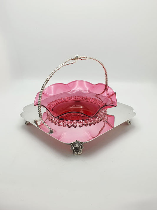 Stunning Cranberry Glass Dish in Silver Plated Stand - circa 1905