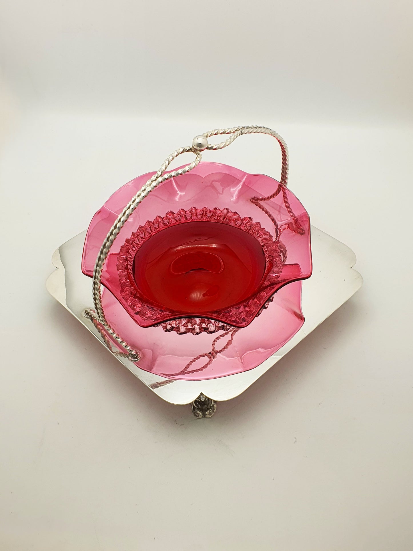 Stunning Cranberry Glass Dish in Silver Plated Stand - circa 1905