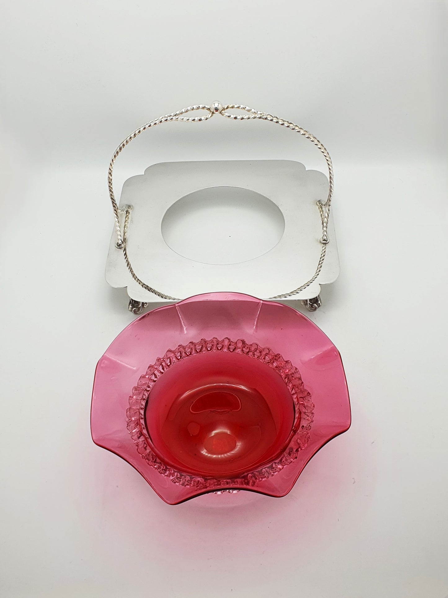 Stunning Cranberry Glass Dish in Silver Plated Stand - circa 1905