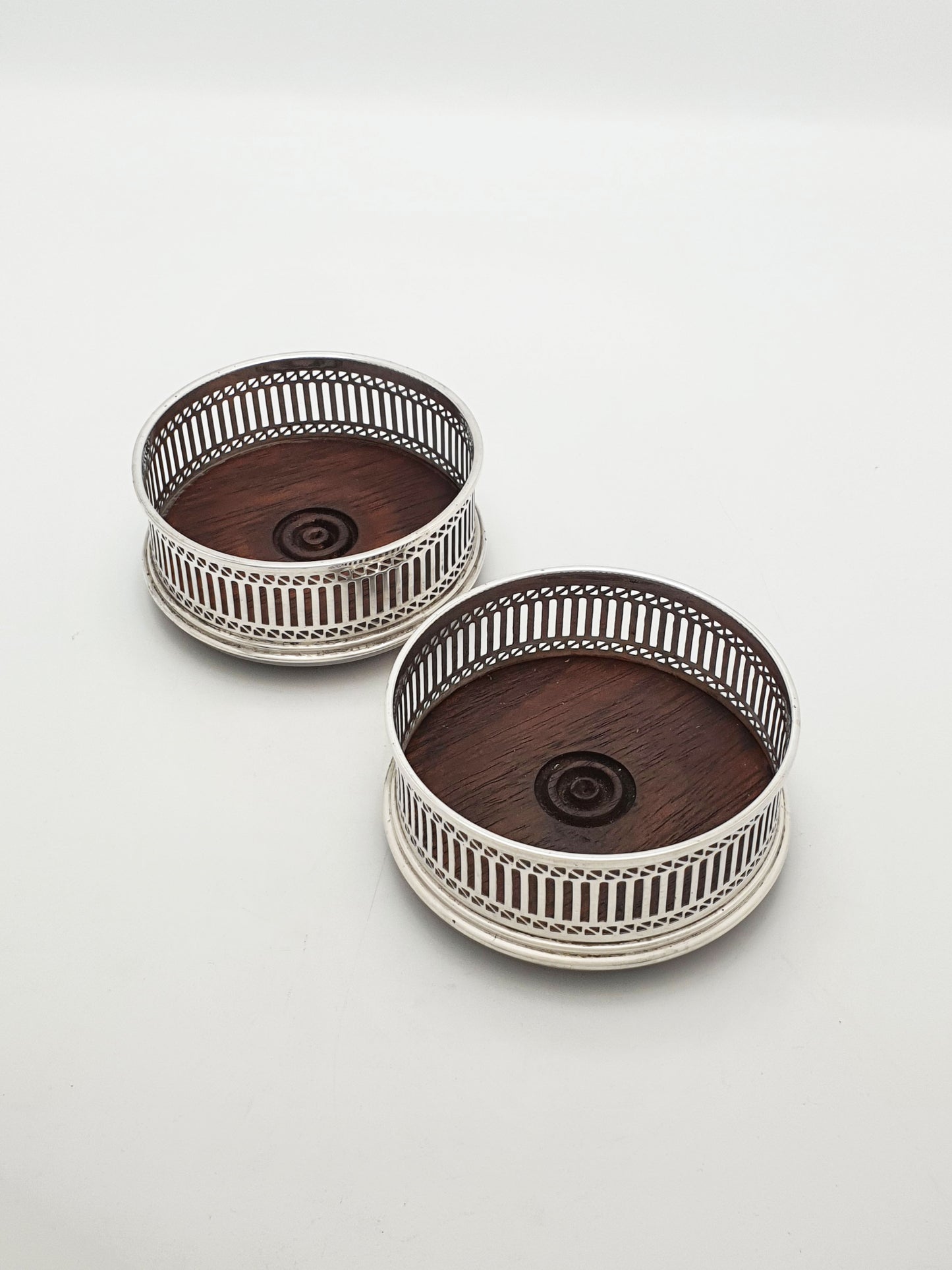Vintage Pair of Sterling Silver & Mahogany Wine Bottle Coasters - 1983