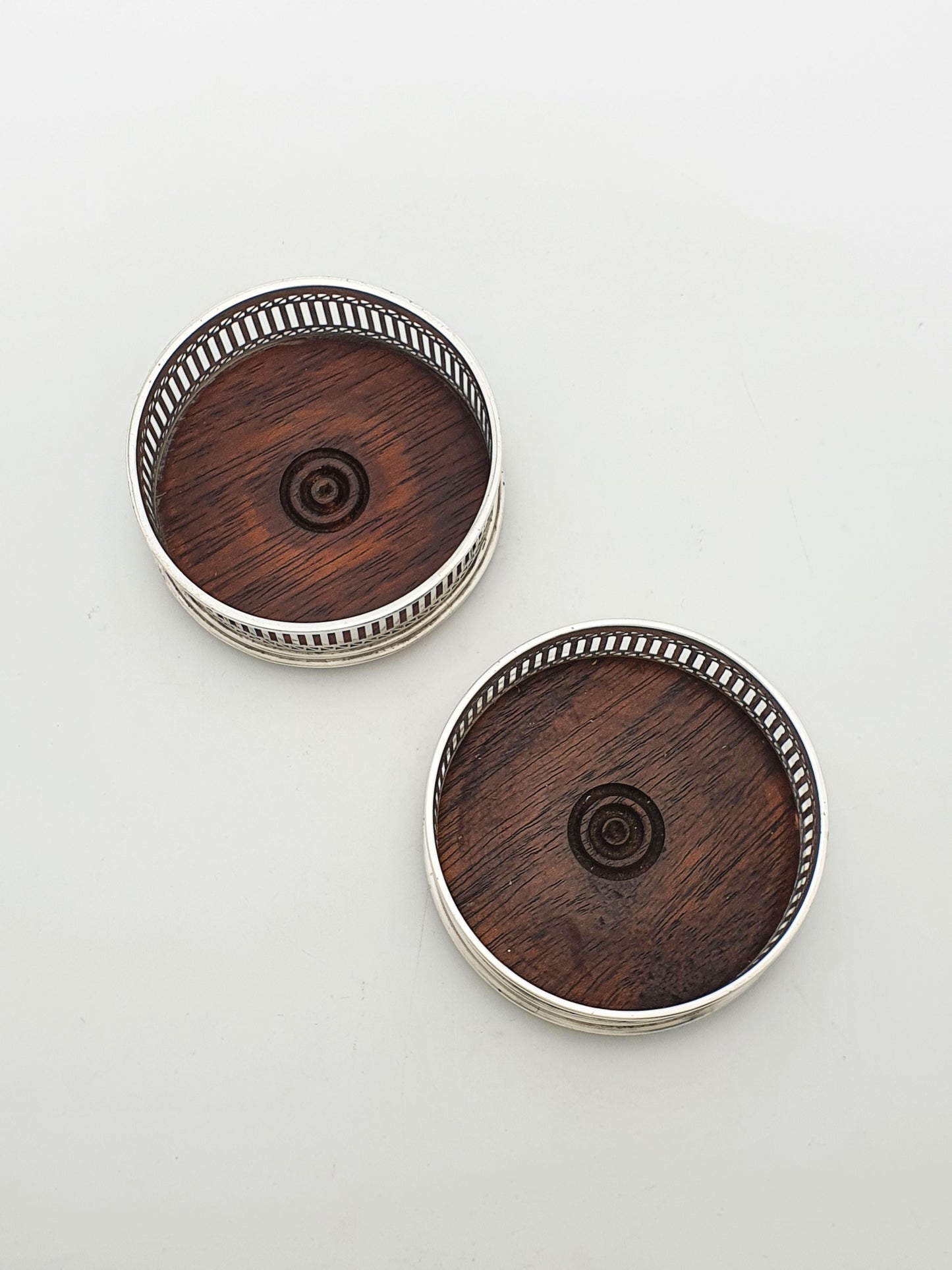Vintage Pair of Sterling Silver & Mahogany Wine Bottle Coasters - 1983