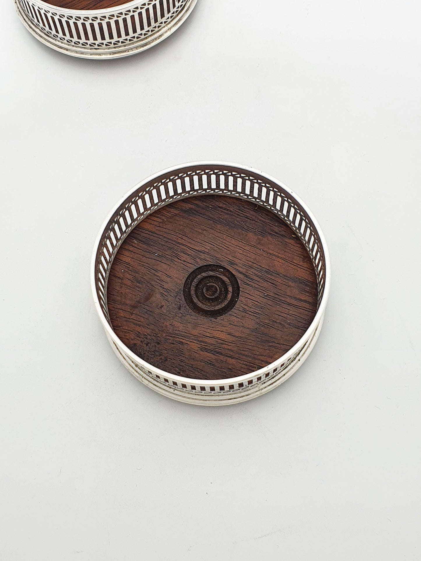Vintage Pair of Sterling Silver & Mahogany Wine Bottle Coasters - 1983
