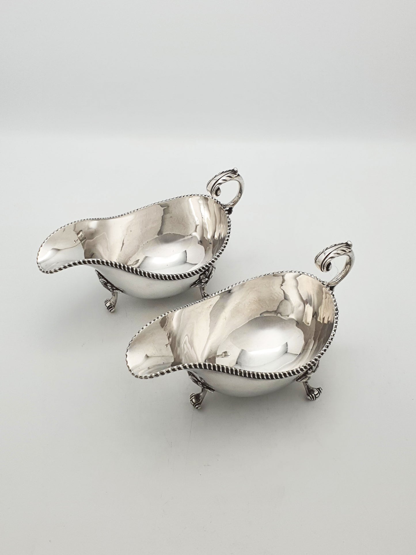Pair of Antique Silver Plate Sauce Boats with Ornamental Leaf Detailing – circa 1920