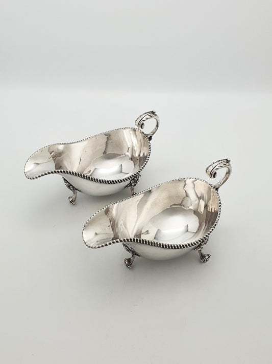 Pair of Antique Silver Plate Sauce Boats with Ornamental Leaf Detailing – circa 1920