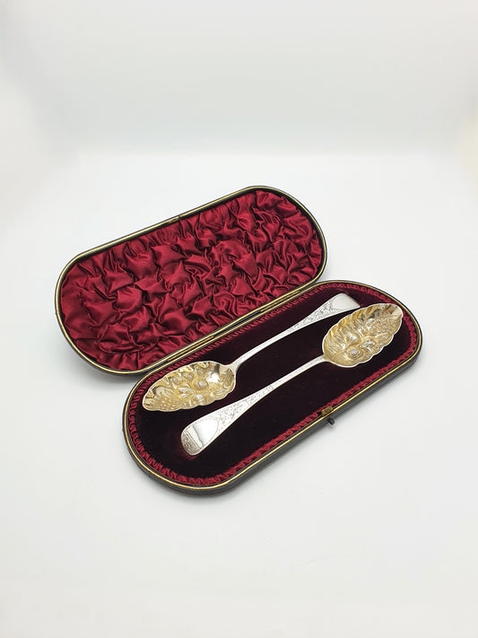 Pair of Antique Victorian Sterling Silver Gilt Berry Spoons with Engraved Handles  - 1896
