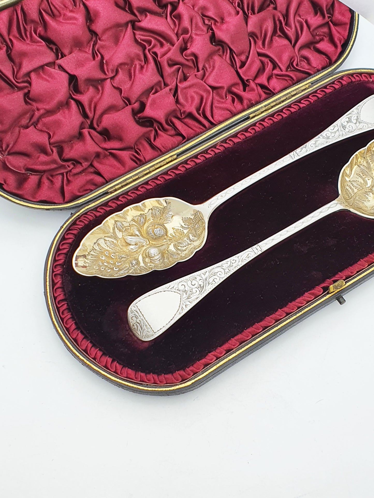Pair of Antique Victorian Sterling Silver Gilt Berry Spoons with Engraved Handles  - 1896
