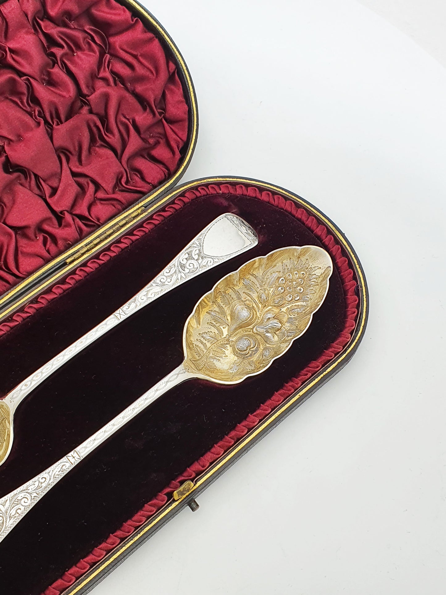 Pair of Antique Victorian Sterling Silver Gilt Berry Spoons with Engraved Handles  - 1896